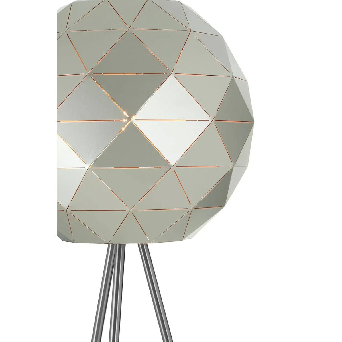 Metal floor lamp with geometric shade and tripod base, silver finish, close-up view