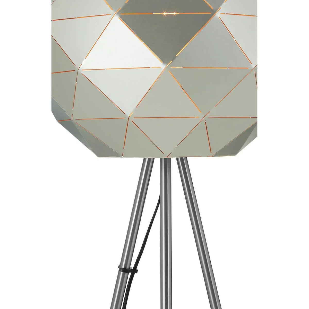 Metal tripod floor lamp with geometric patterned shade and visible wiring detail