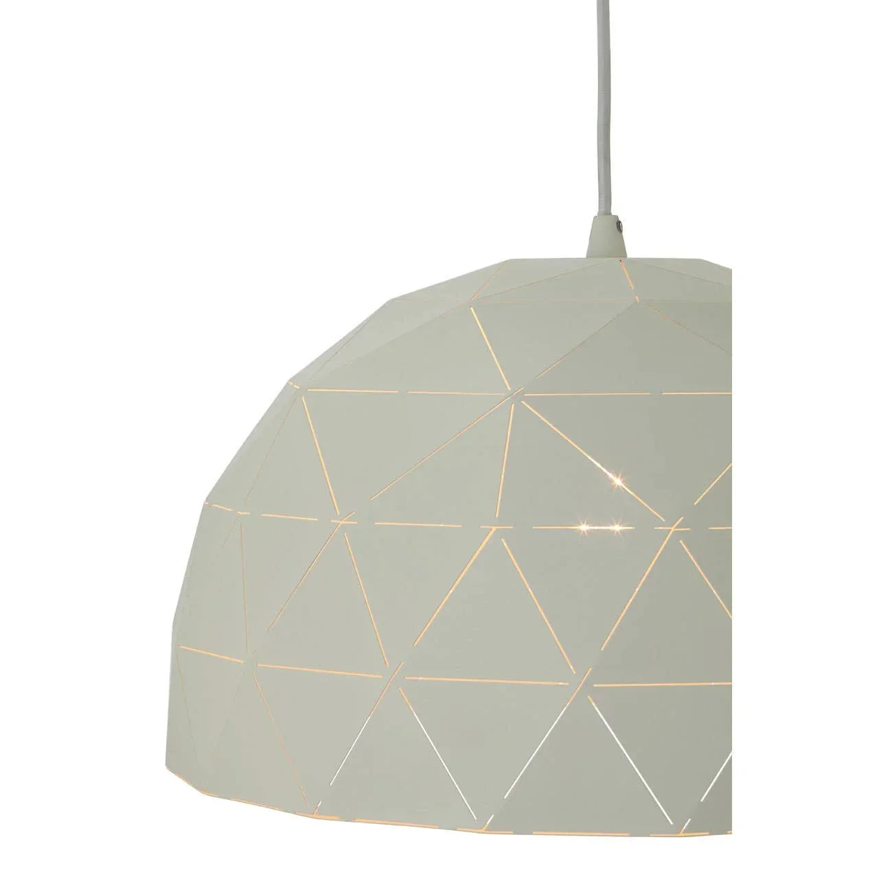White geometric pendant light shade with cutout pattern, shown close up from side angle