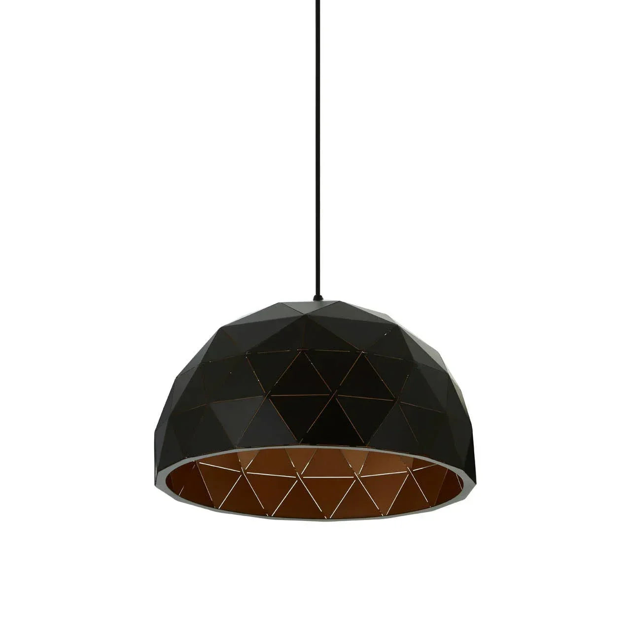 Black geometric pendant light with faceted dome shade and gold interior