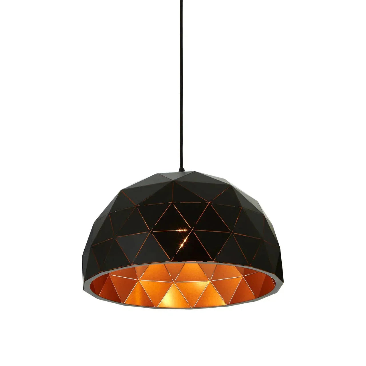 Geometric black pendant light with copper interior and faceted dome shade