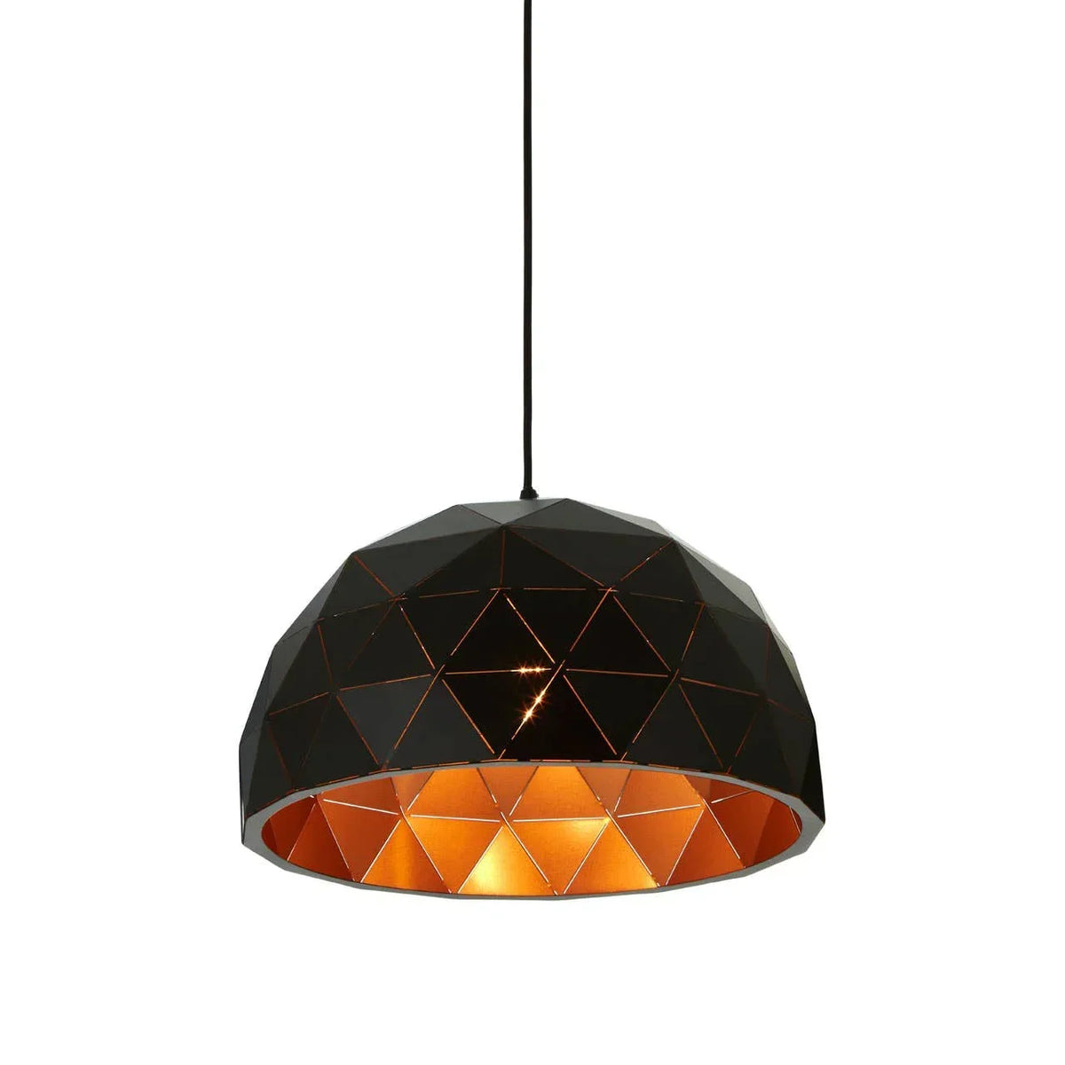 Geometric black pendant light with copper interior and faceted dome shade