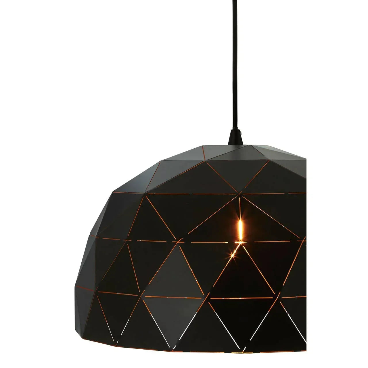 Black geometric pendant light shade with cut-out triangle pattern and visible bulb
