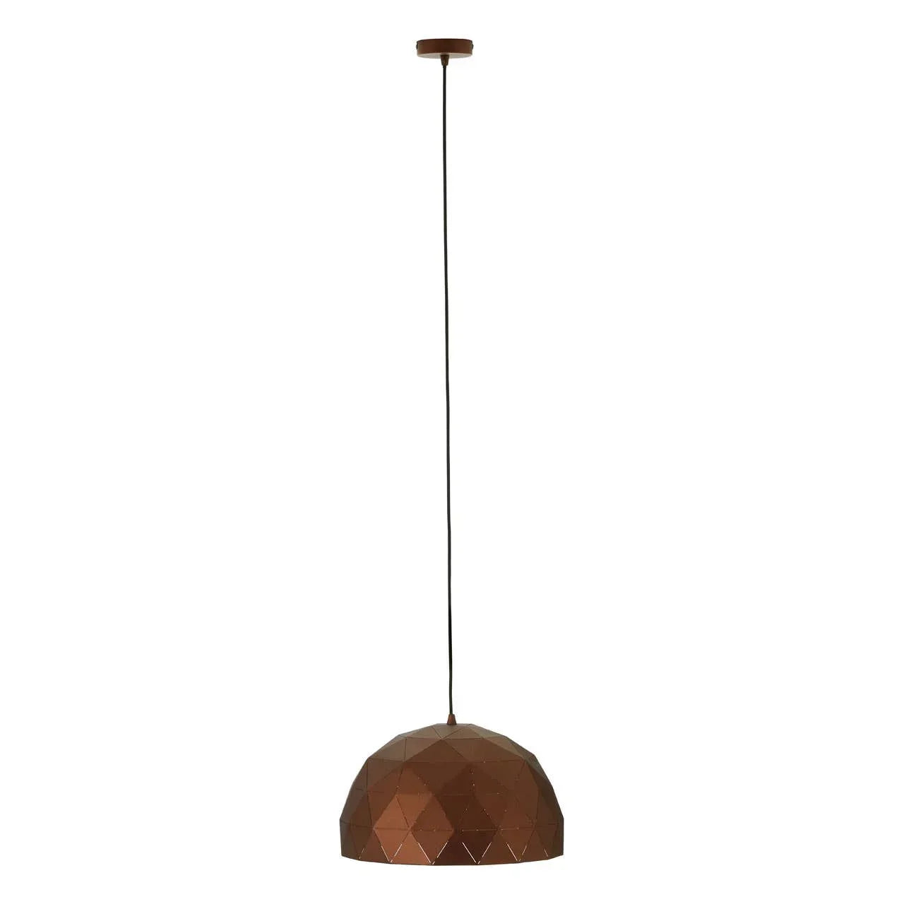 Geometric copper pendant light with dome shade and black cable, hanging from ceiling