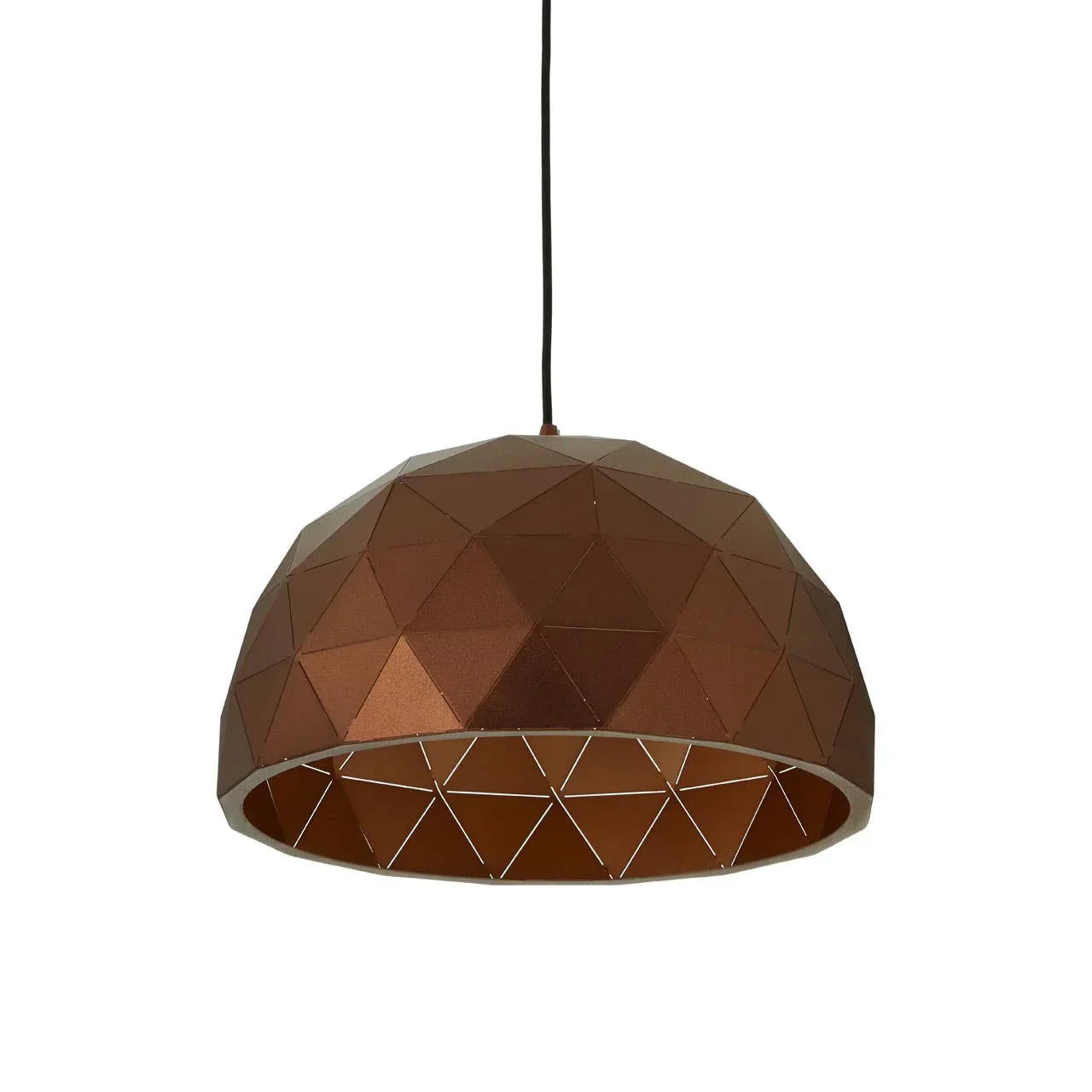 Geometric copper pendant light shade with faceted dome design and wire interior detail