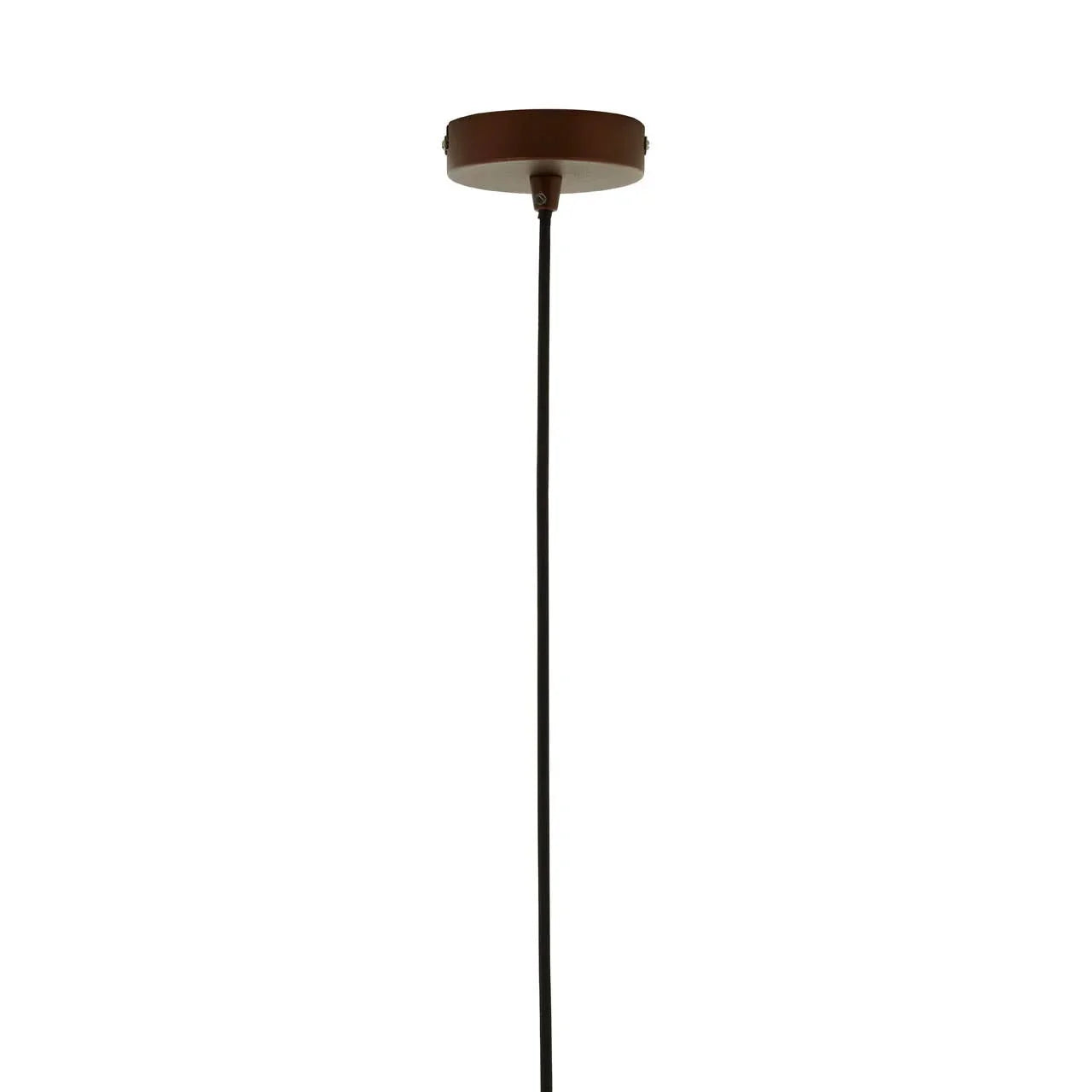 Brown ceiling light fixture canopy with black hanging cord, closeup view