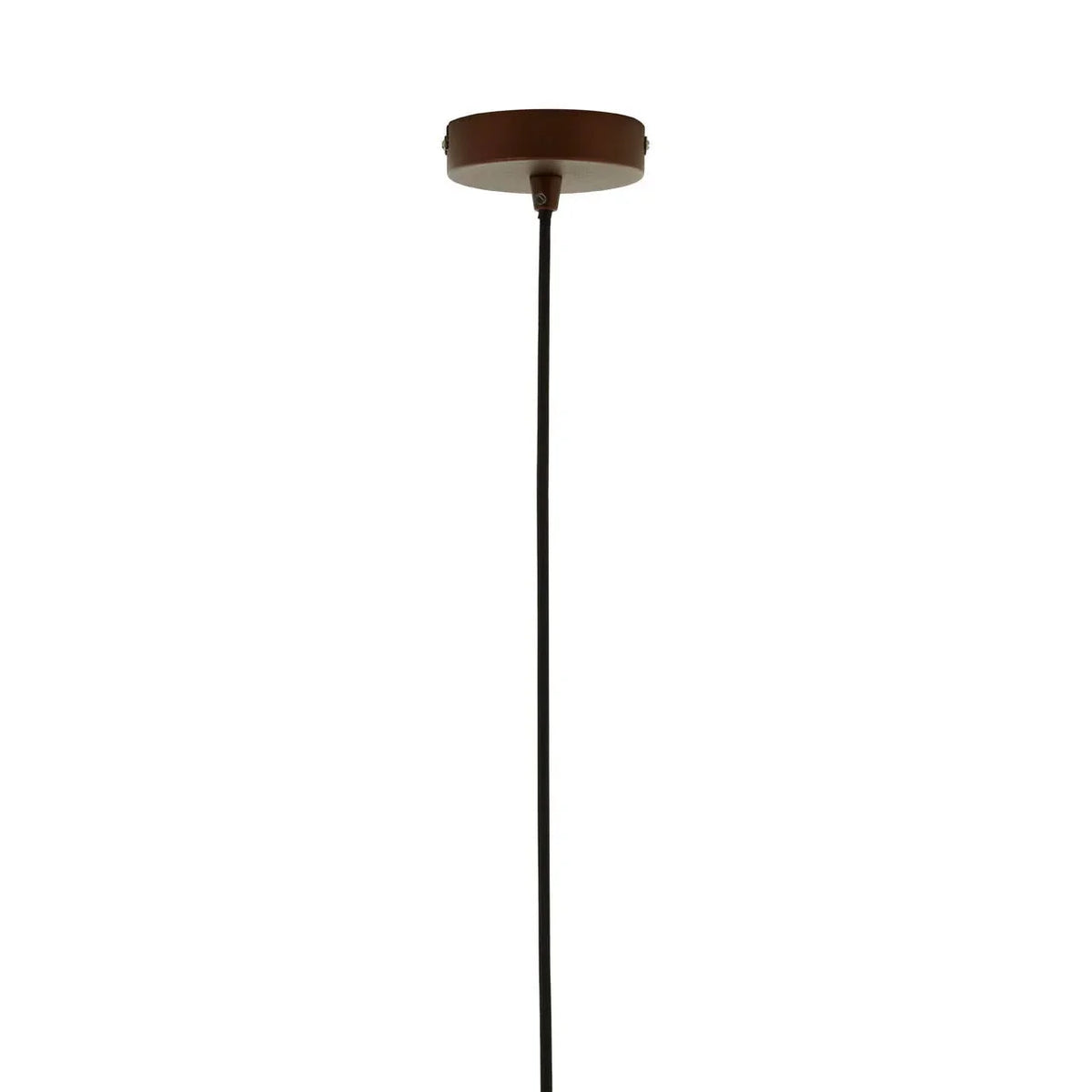 Brown ceiling light fixture canopy with black hanging cord, closeup view