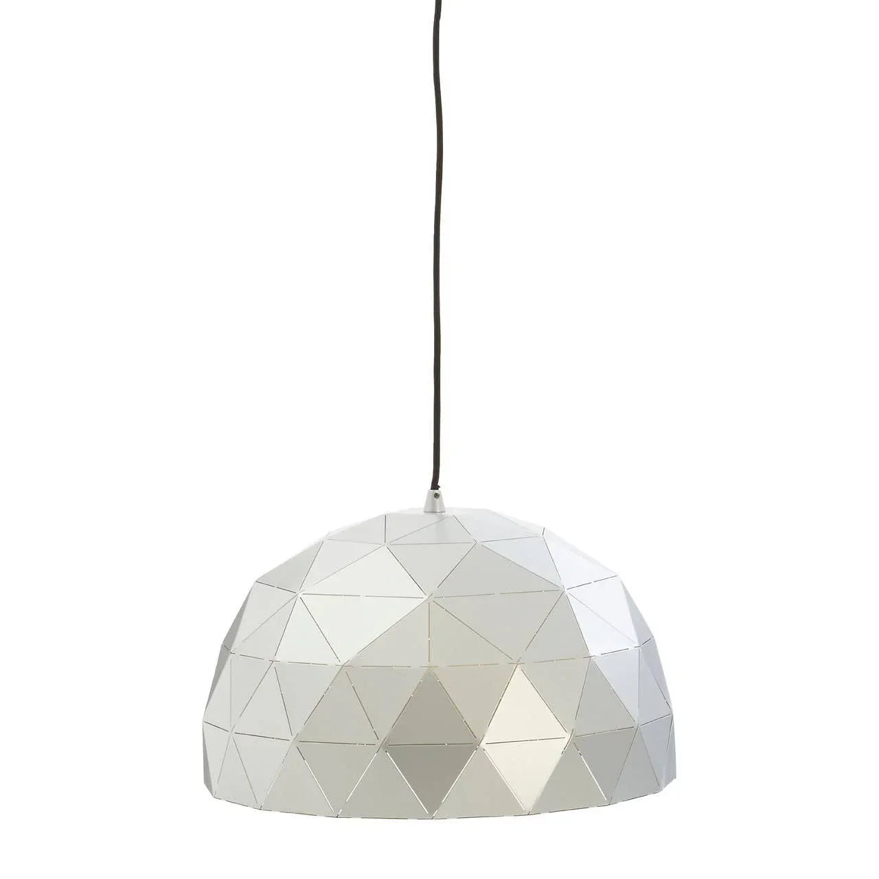 Geometric silver pendant light shade with dome shape and suspended black cord