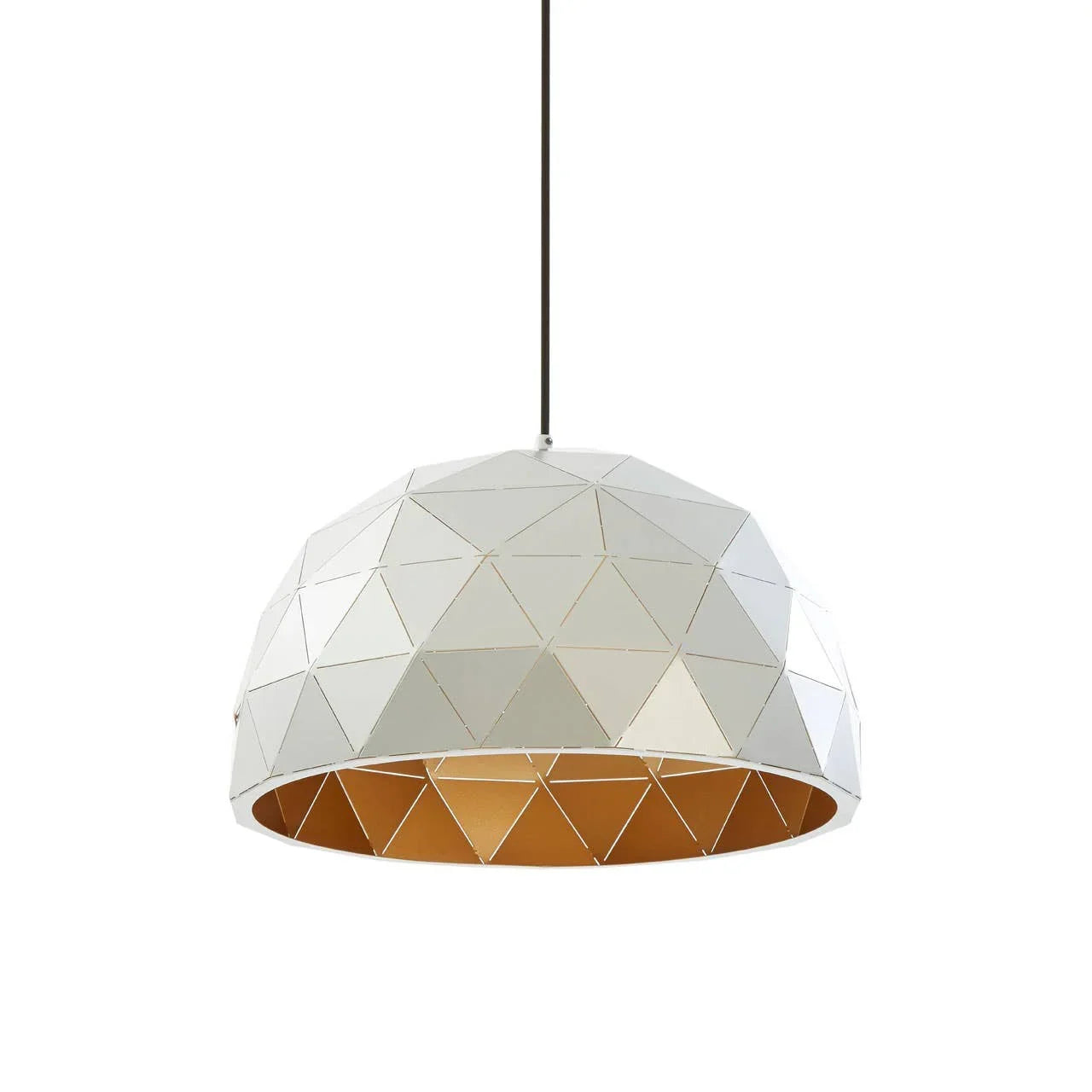 Geometric dome pendant light with white exterior and gold interior, hanging from black cord