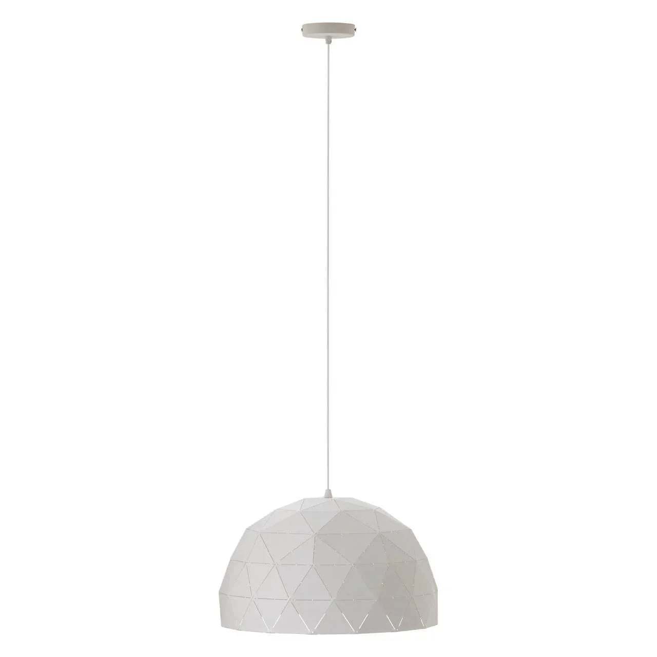 White dome pendant light with geometric pattern and long ceiling cord