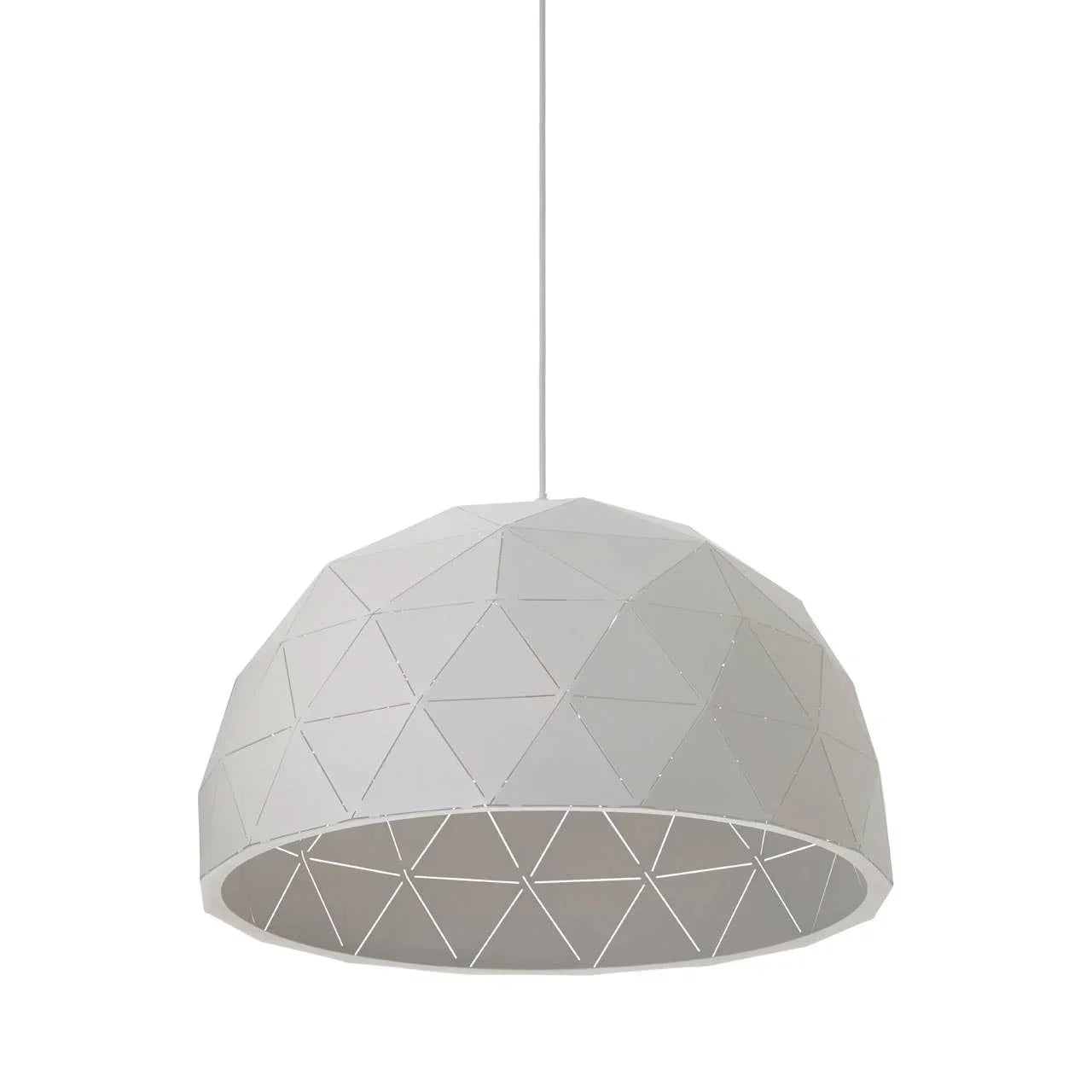 White geometric pendant light shade with triangular cutout pattern, hanging on a cord