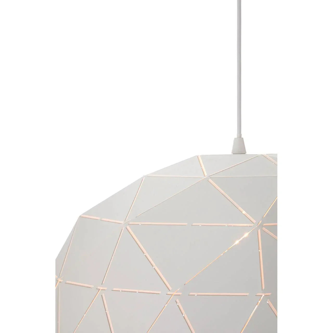 White geometric pendant light shade with cutout pattern and ceiling cable