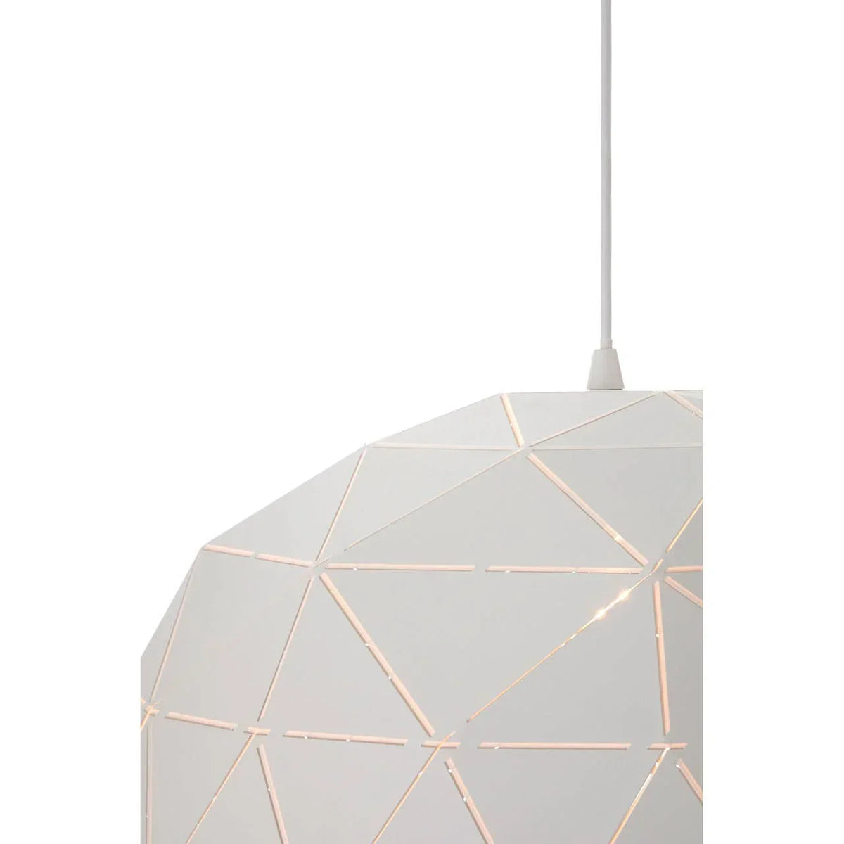 White geometric pendant light shade with cutout pattern and ceiling cable