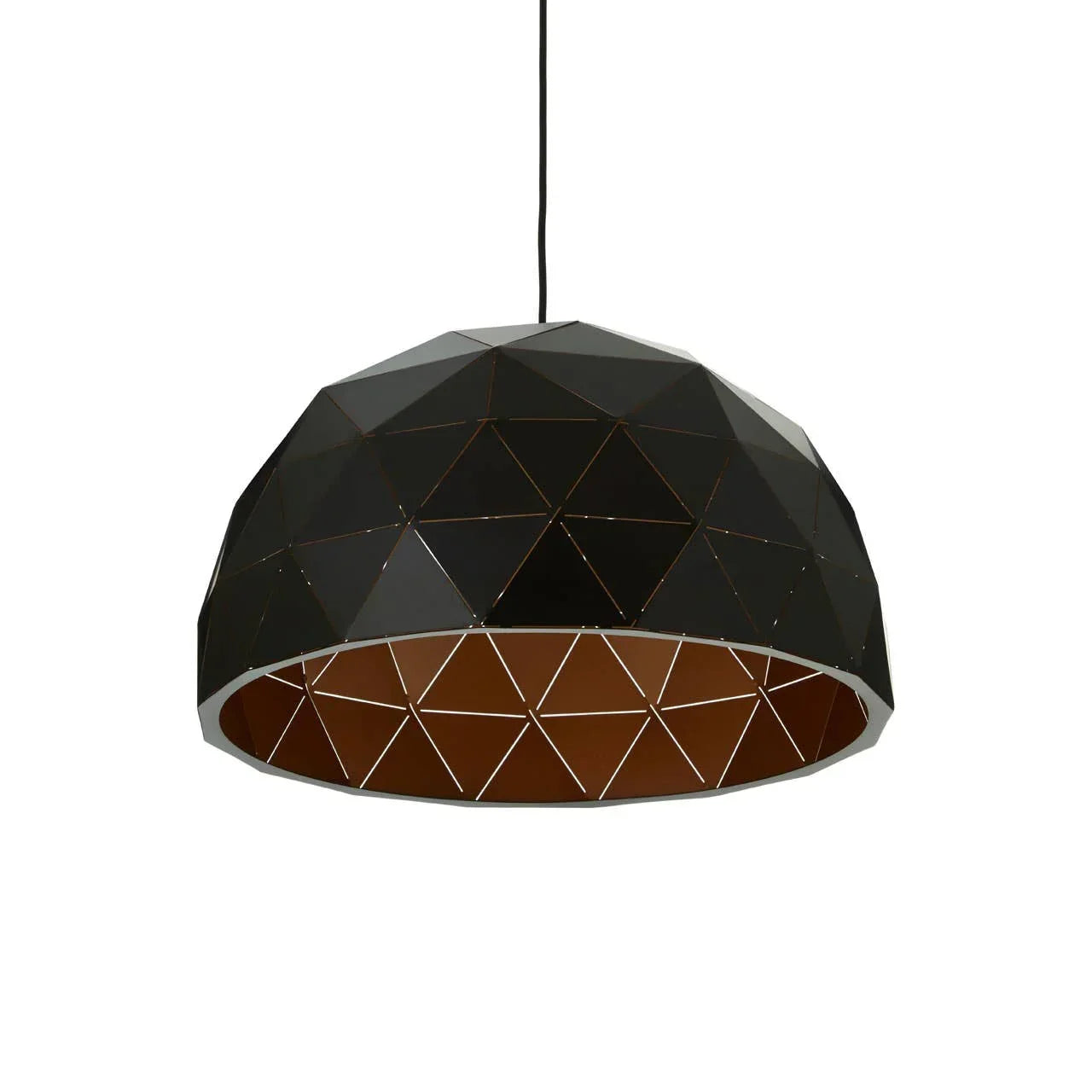 Black geometric pendant light with faceted dome shade and copper interior finish