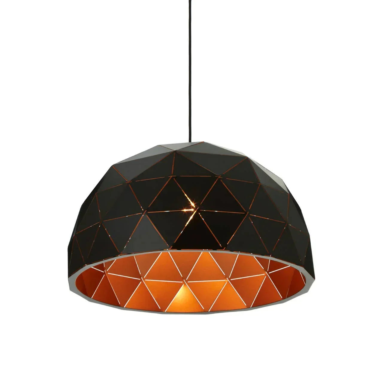 Black geometric pendant light with faceted dome shade and copper interior finish