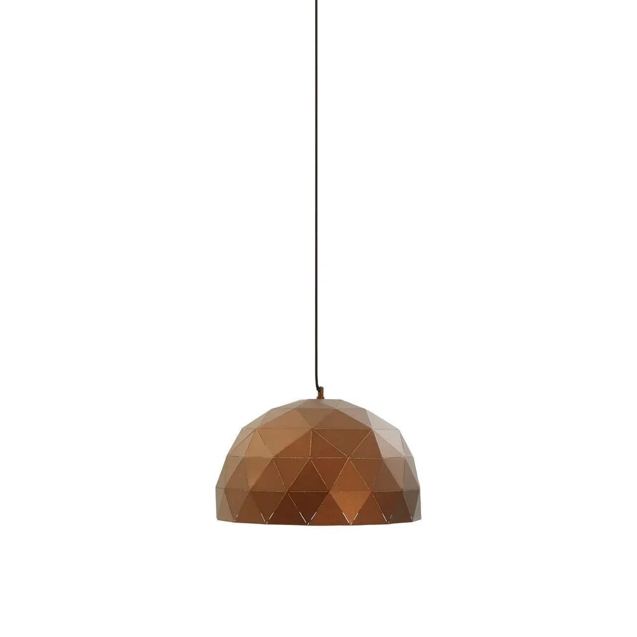 Copper geometric pendant light with faceted dome shade and black cord