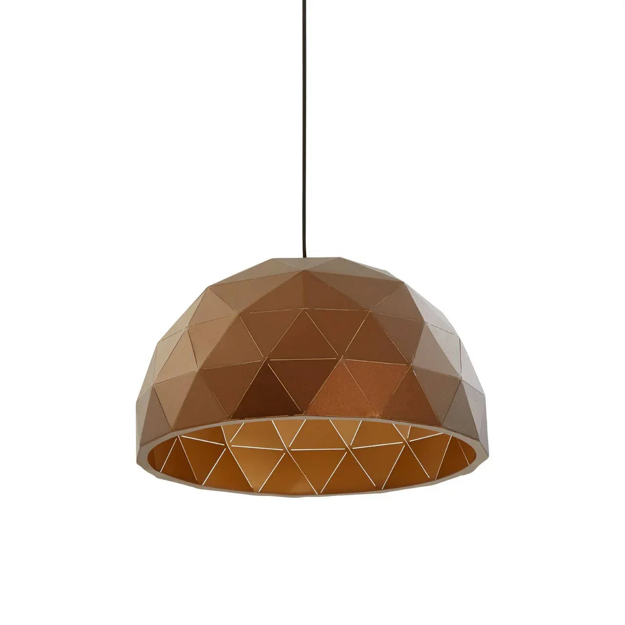 Geometric copper pendant light shade with faceted dome design hanging from black cord