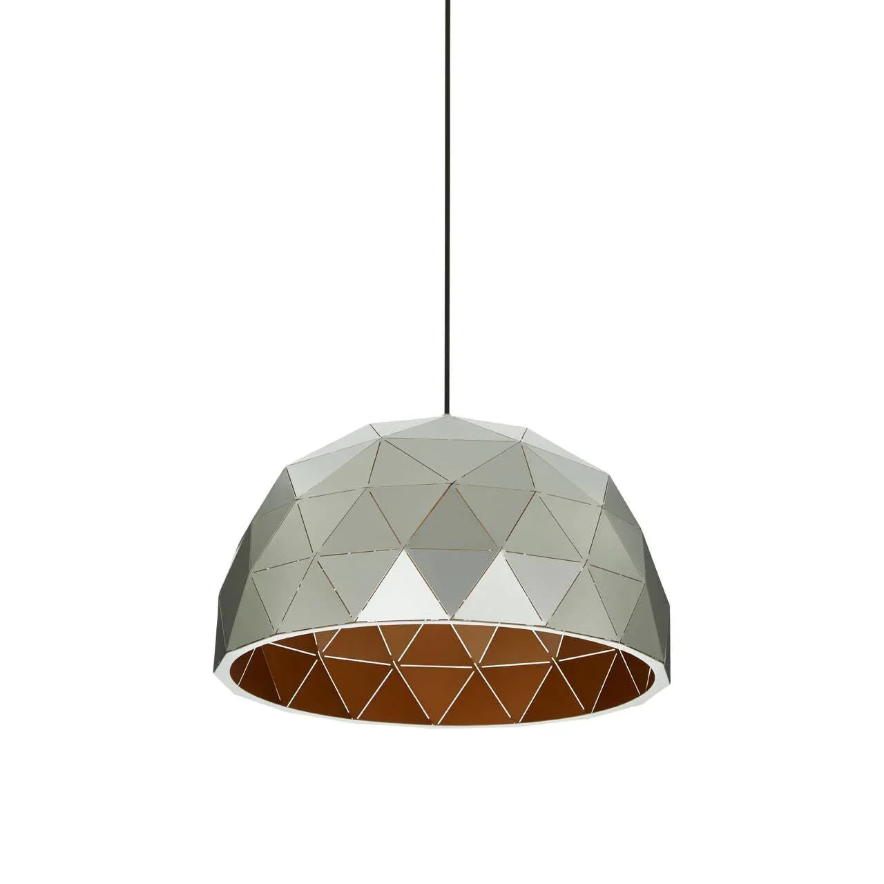Geometric pendant light with grey metal shade and gold interior, suspended on black cable