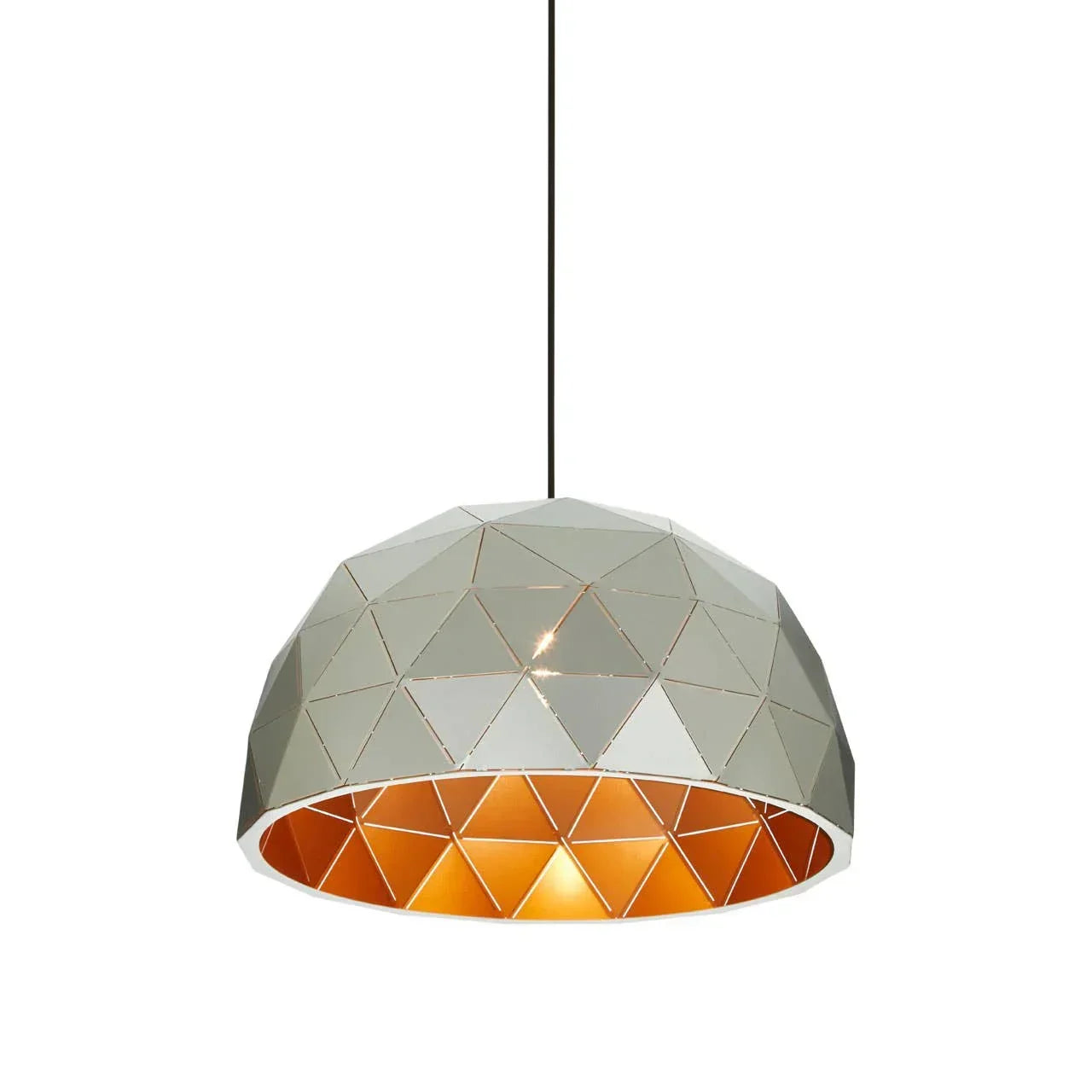 Geometric dome pendant light with white exterior and copper interior finish, front view