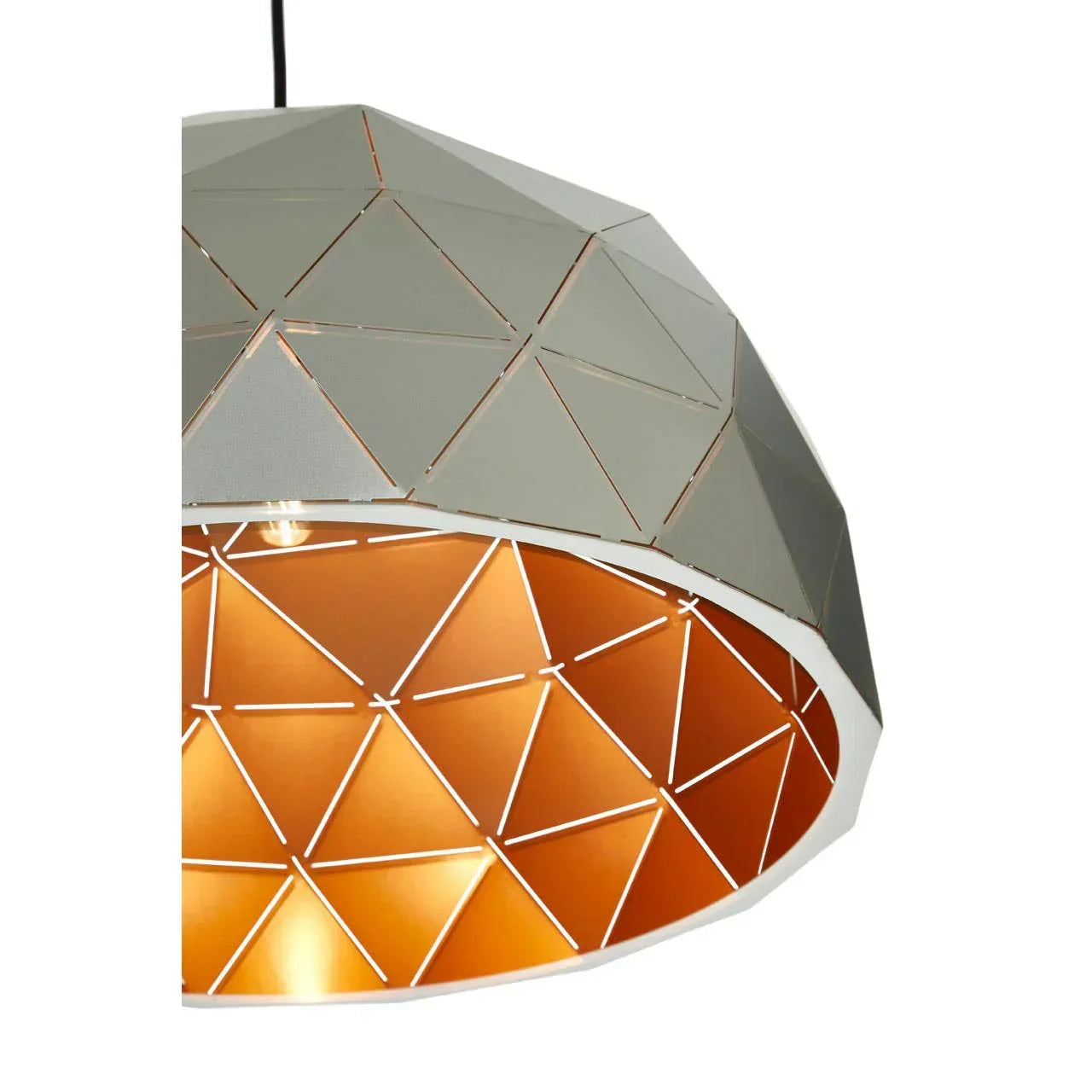 Geometric pendant light with silver exterior and copper interior, close-up view