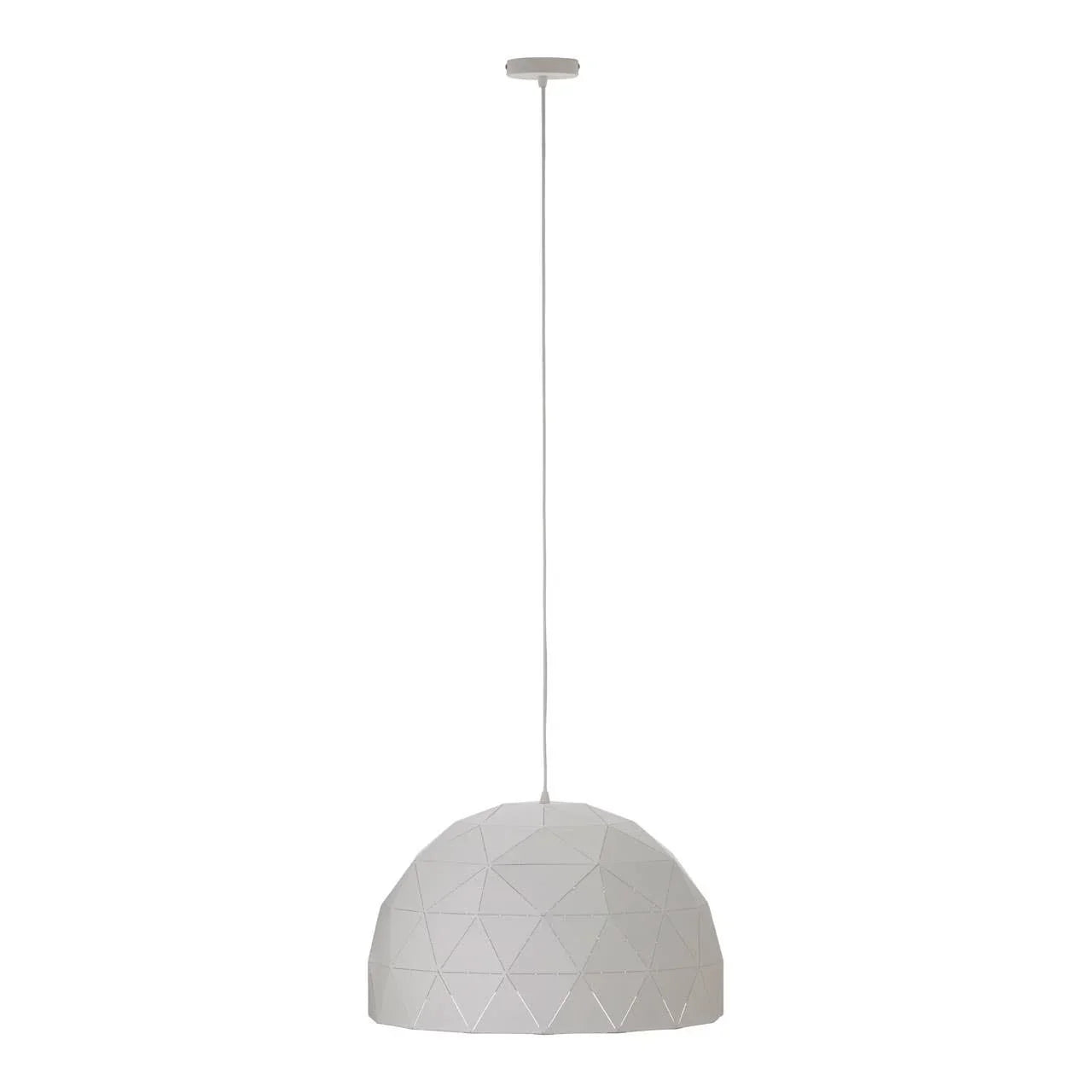 White geometric pendant light with dome shade and suspended ceiling cable