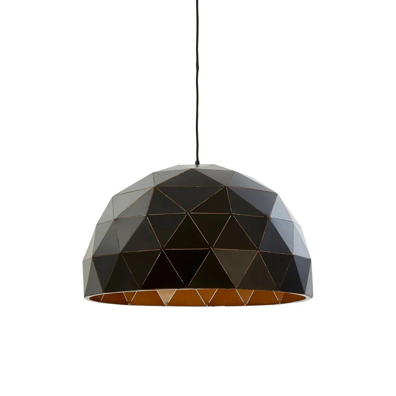 Black geometric pendant light with faceted dome shade and gold inner lining