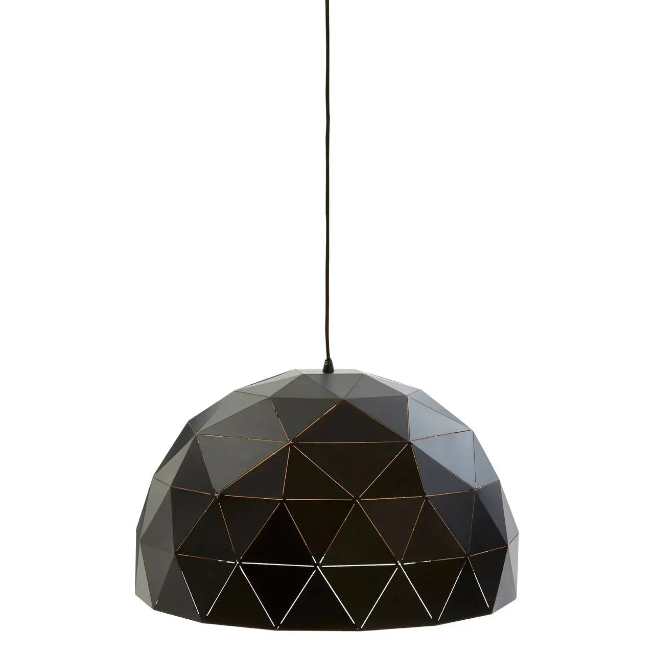Black geometric metal pendant light with dome shape and triangular pattern