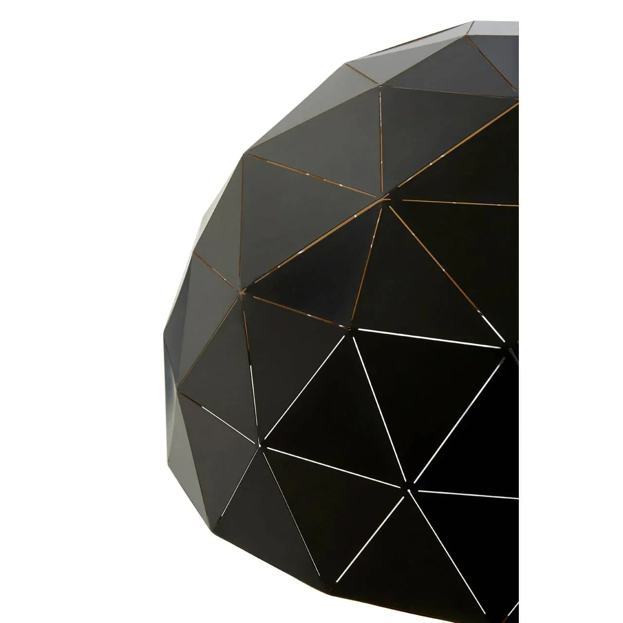 Black geometric metal pendant light shade with triangular panels, close-up view