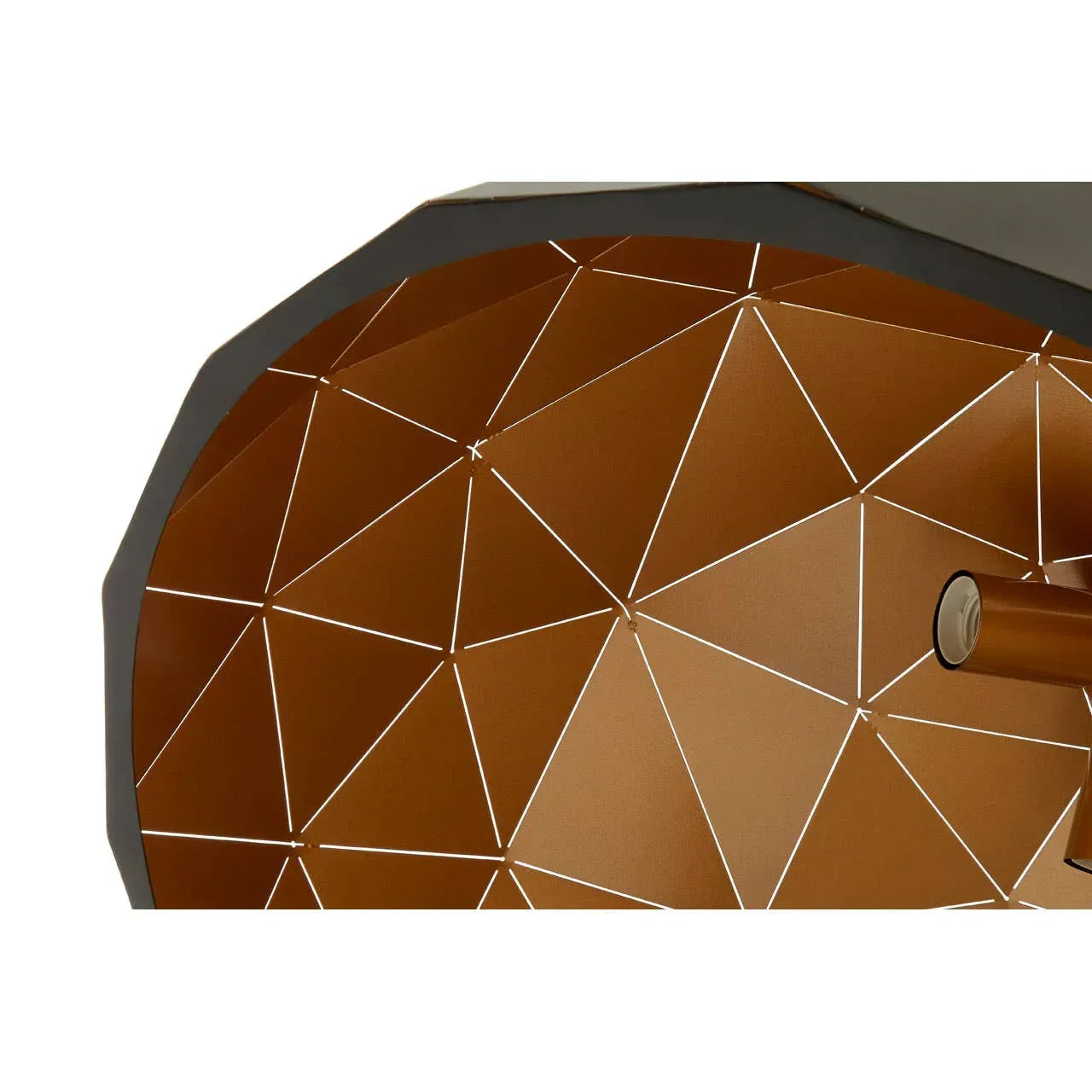 Geometric metal lampshade with copper finish and triangular cutout design, close-up view