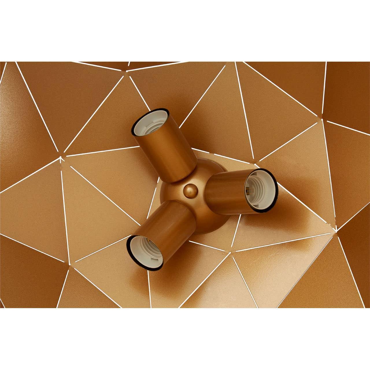 Geometric gold ceiling light fitting with three lamp holders and metallic pattern detail