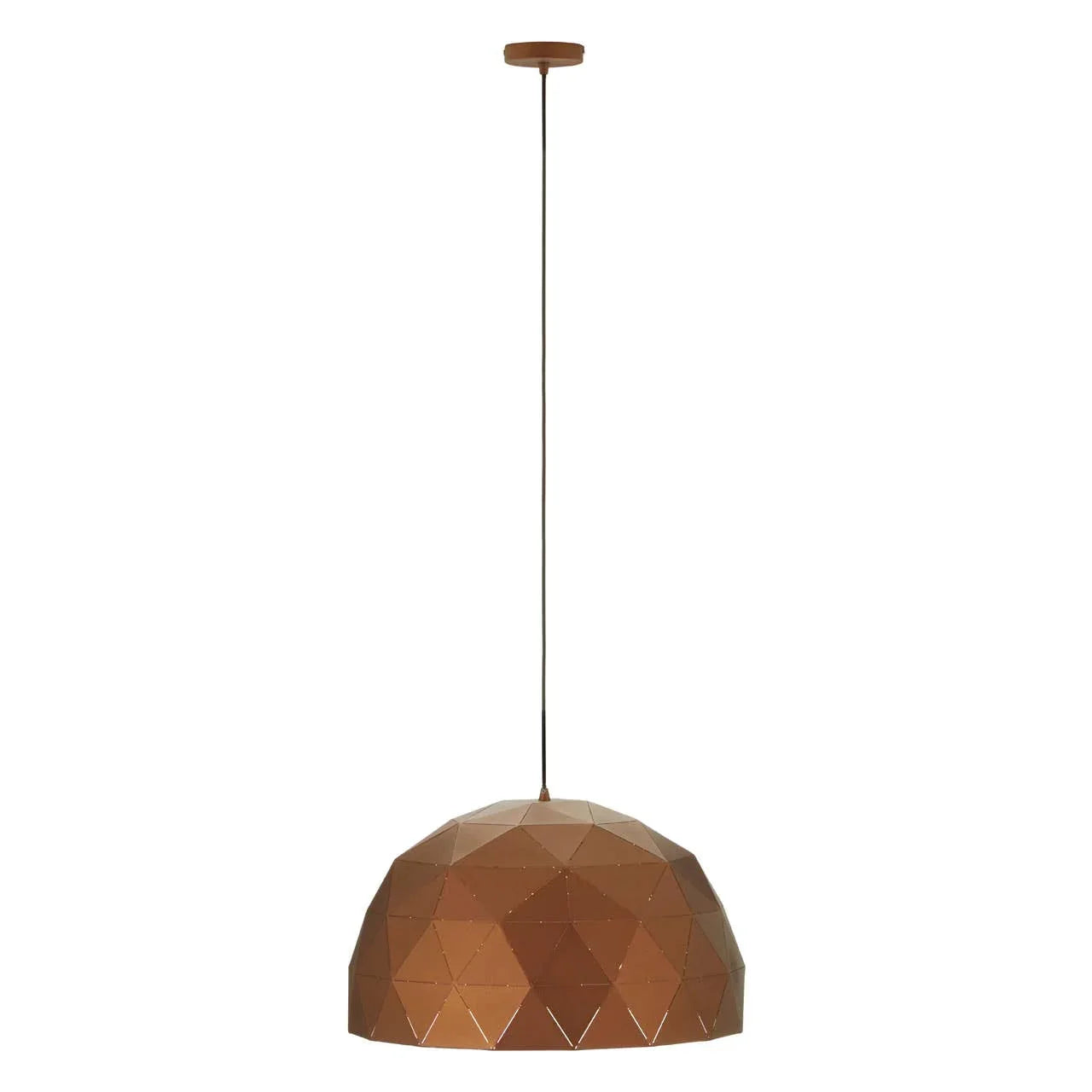 Geometric copper pendant light with dome shade suspended from ceiling on black cord