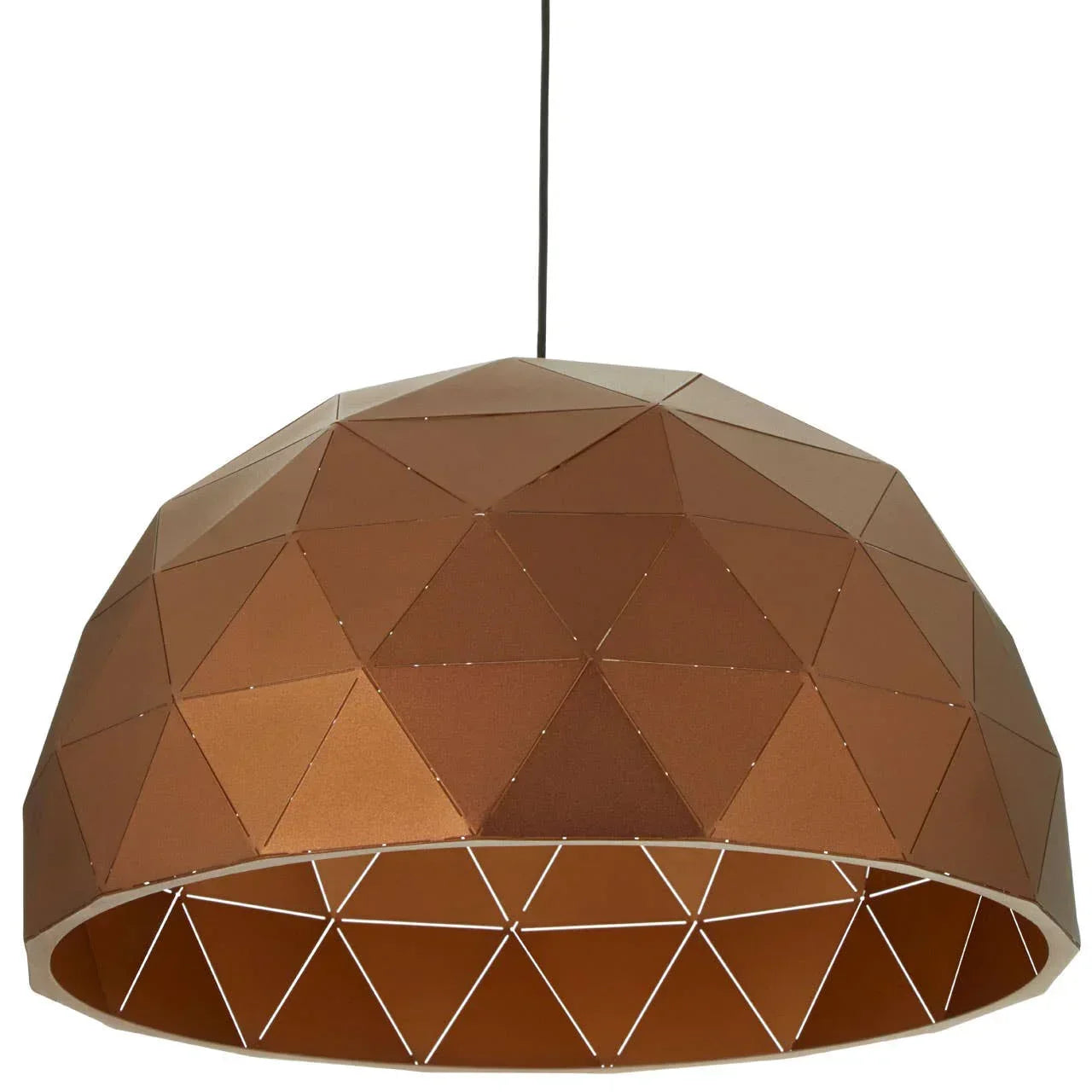 Geometric copper pendant light shade with faceted metal design hanging from black cord