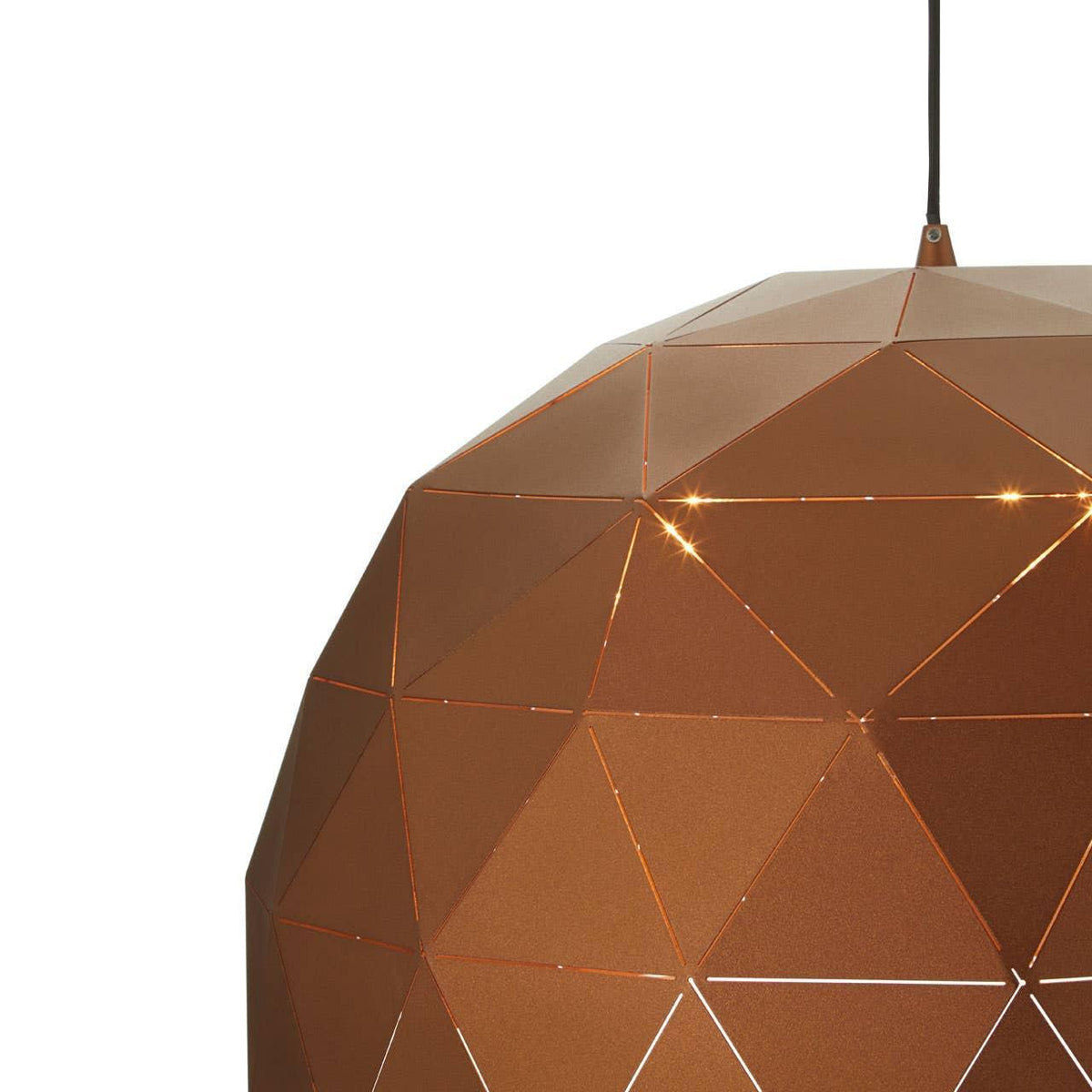 Copper geometric pendant light with faceted metal shade and glowing cutout details