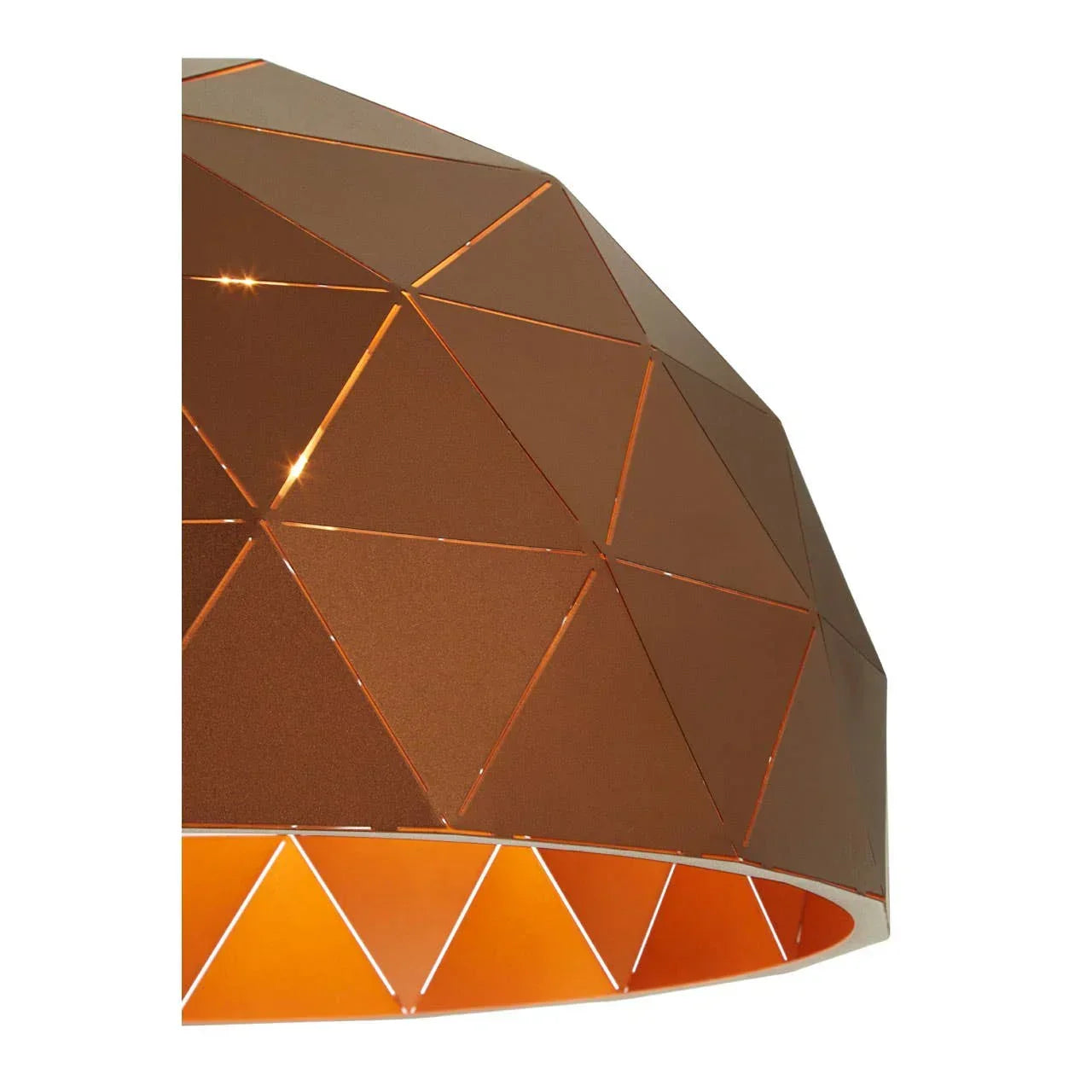 Copper geometric pendant light shade with triangular cut-out pattern, close-up angle