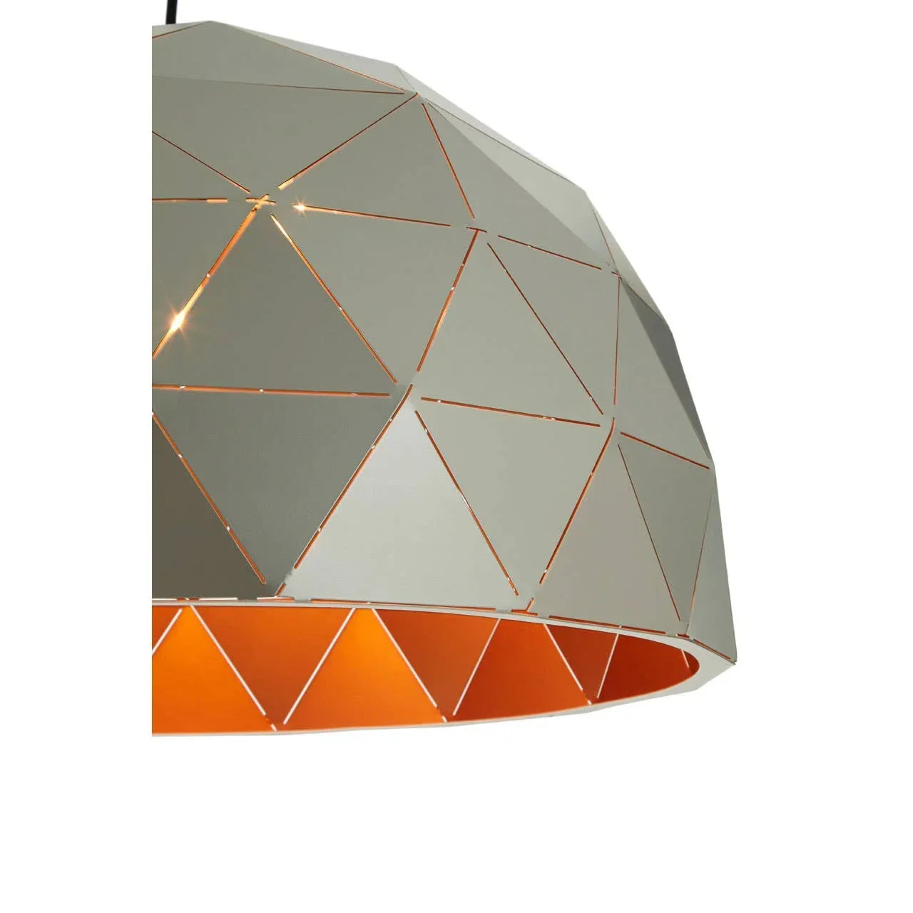 Geometric metal ceiling light with grey outer and orange inner shade, close-up view