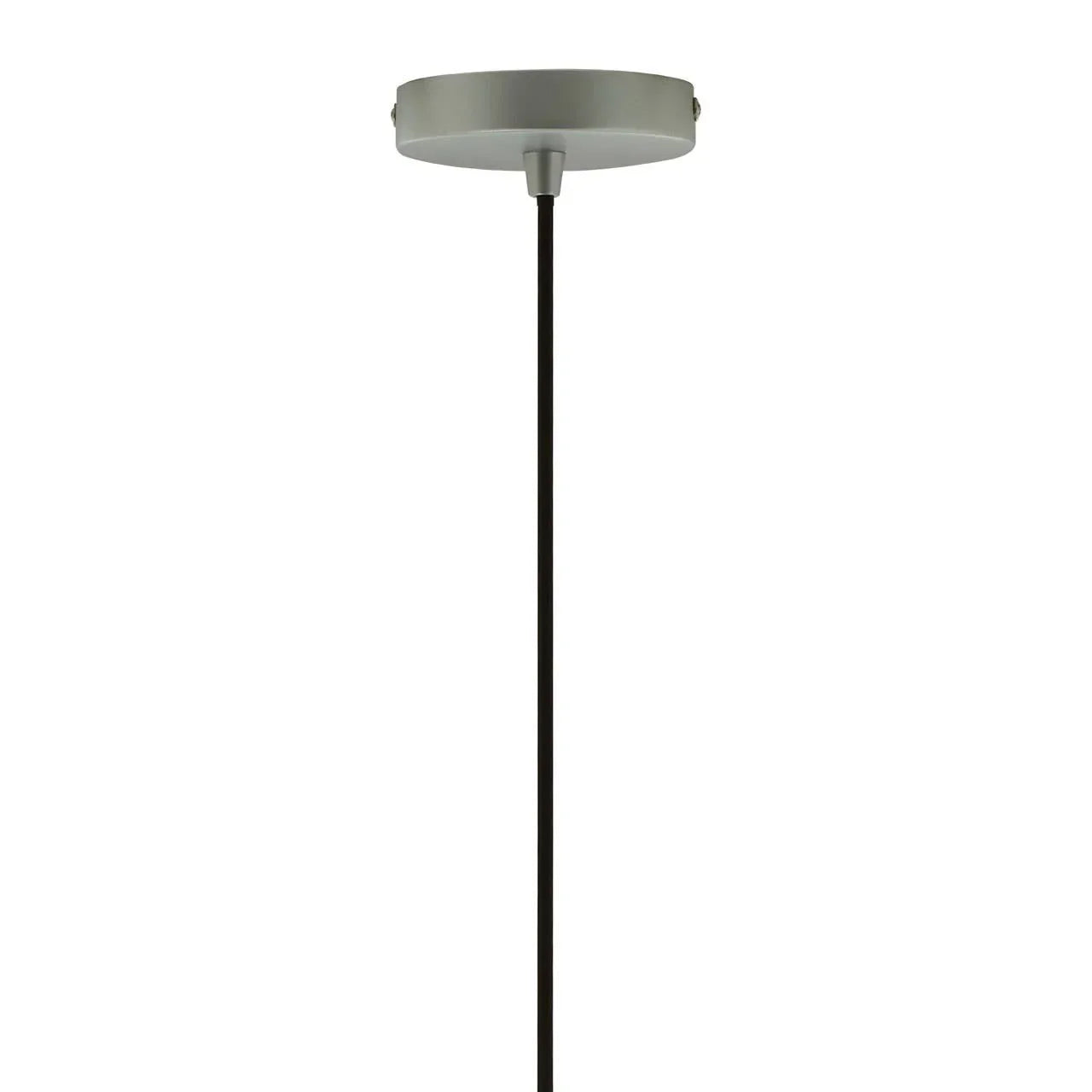 Ceiling light fixture canopy with black pendant cable, silver metal finish close-up