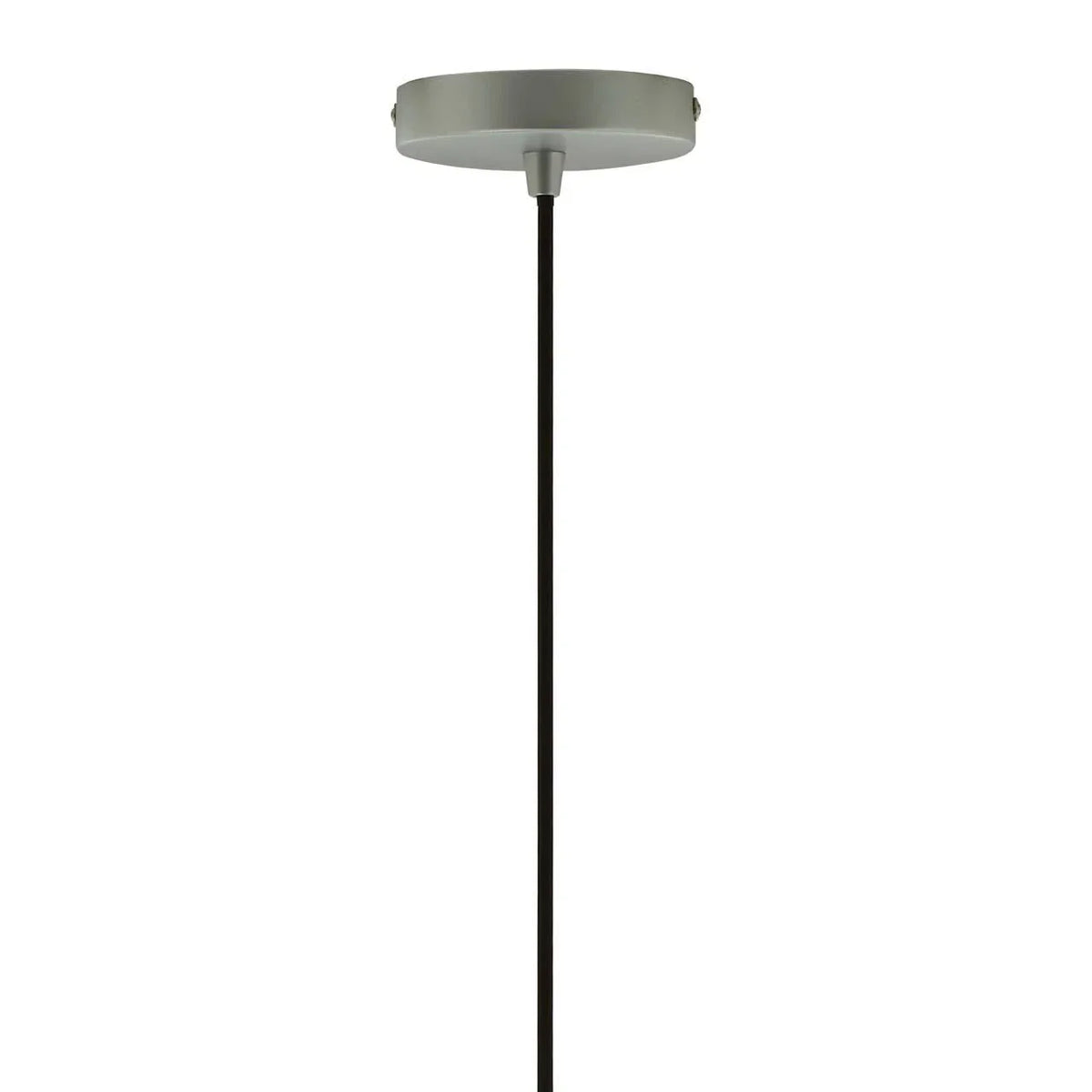 Ceiling light fixture canopy with black pendant cable, silver metal finish close-up