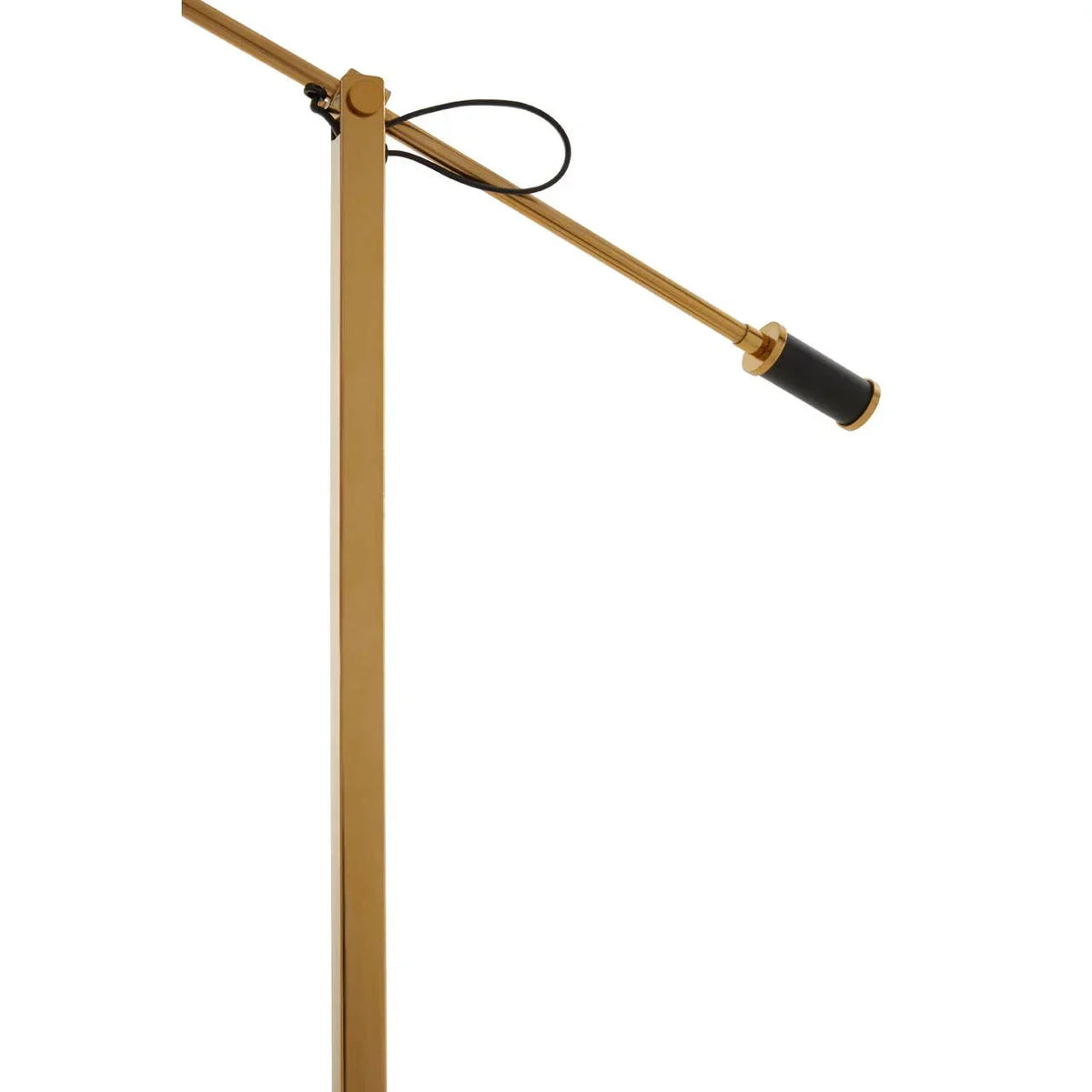 Gold floor lamp with black adjustable spotlight head and slim metal frame