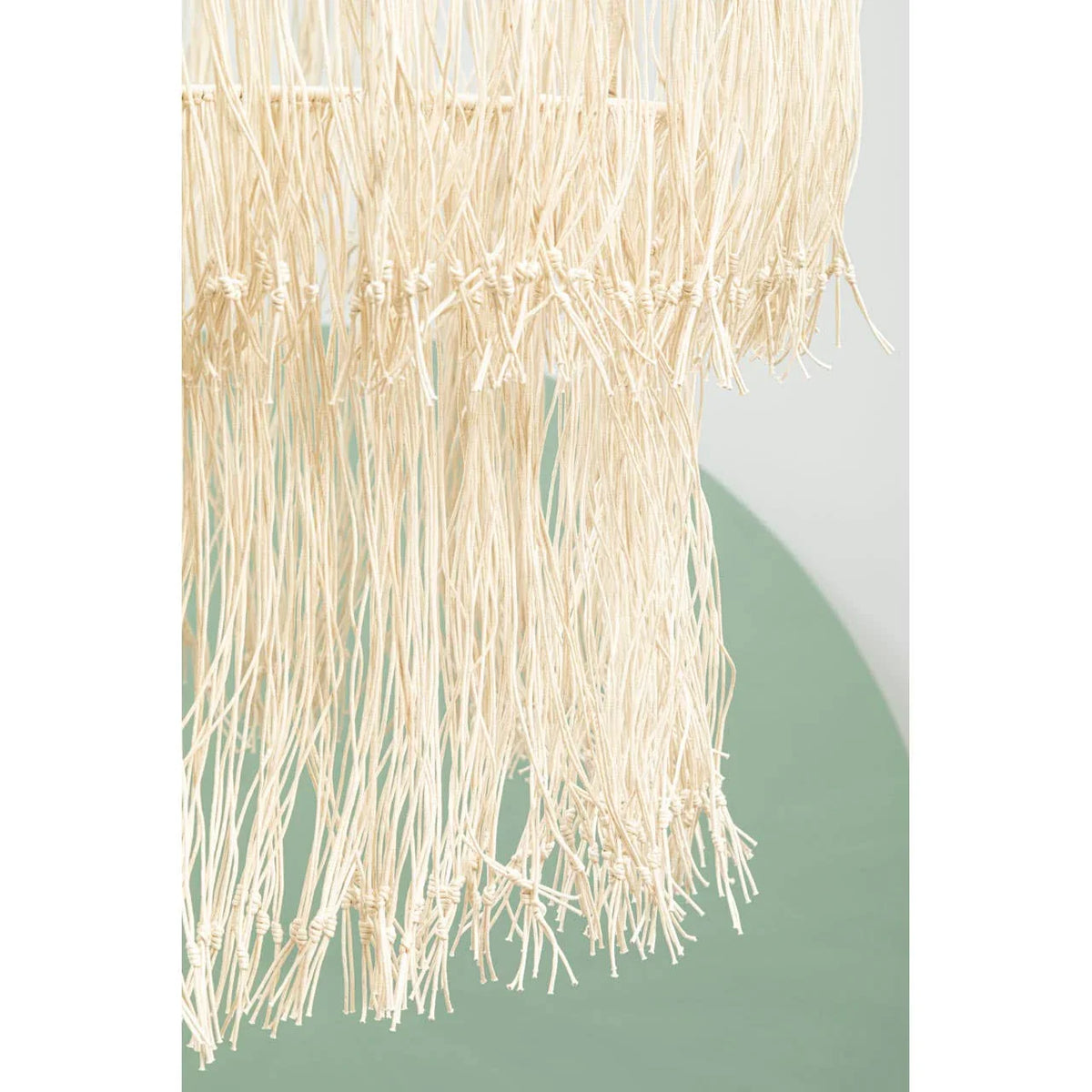 Close-up of beige rattan pendant light with knotted fringe and green background