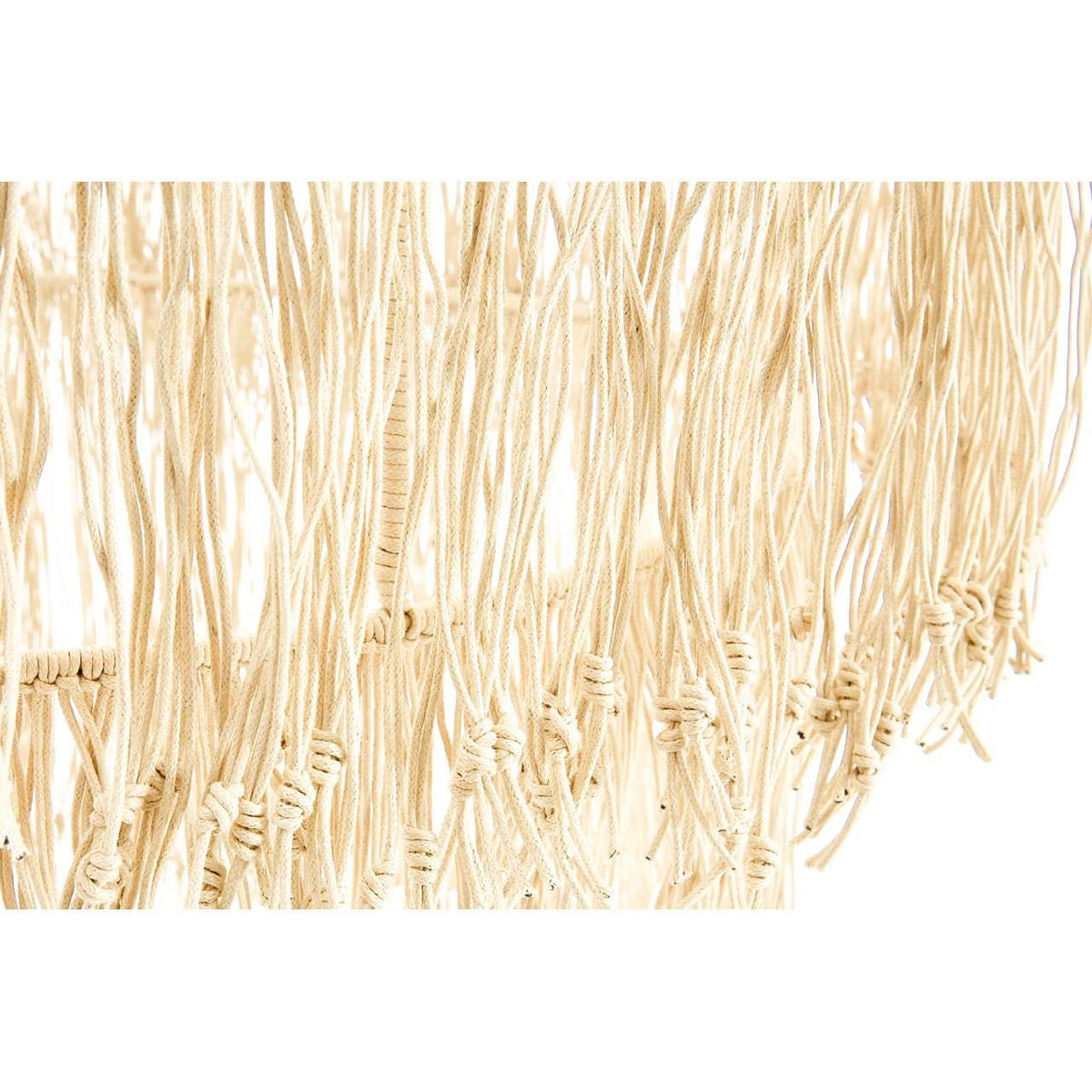 Close up of cream macrame lampshade with knotted cotton strands and fringe details