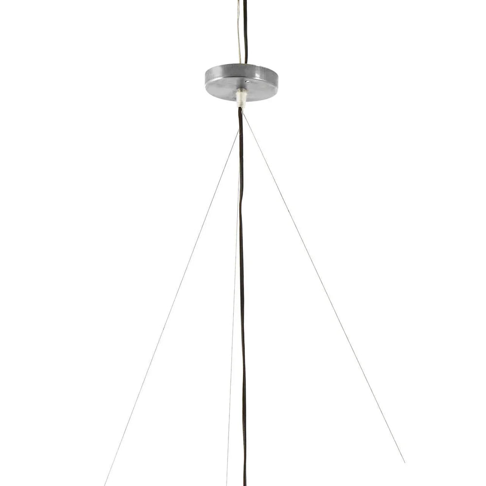Ceiling pendant light fixture with chrome canopy and suspended black electrical cord