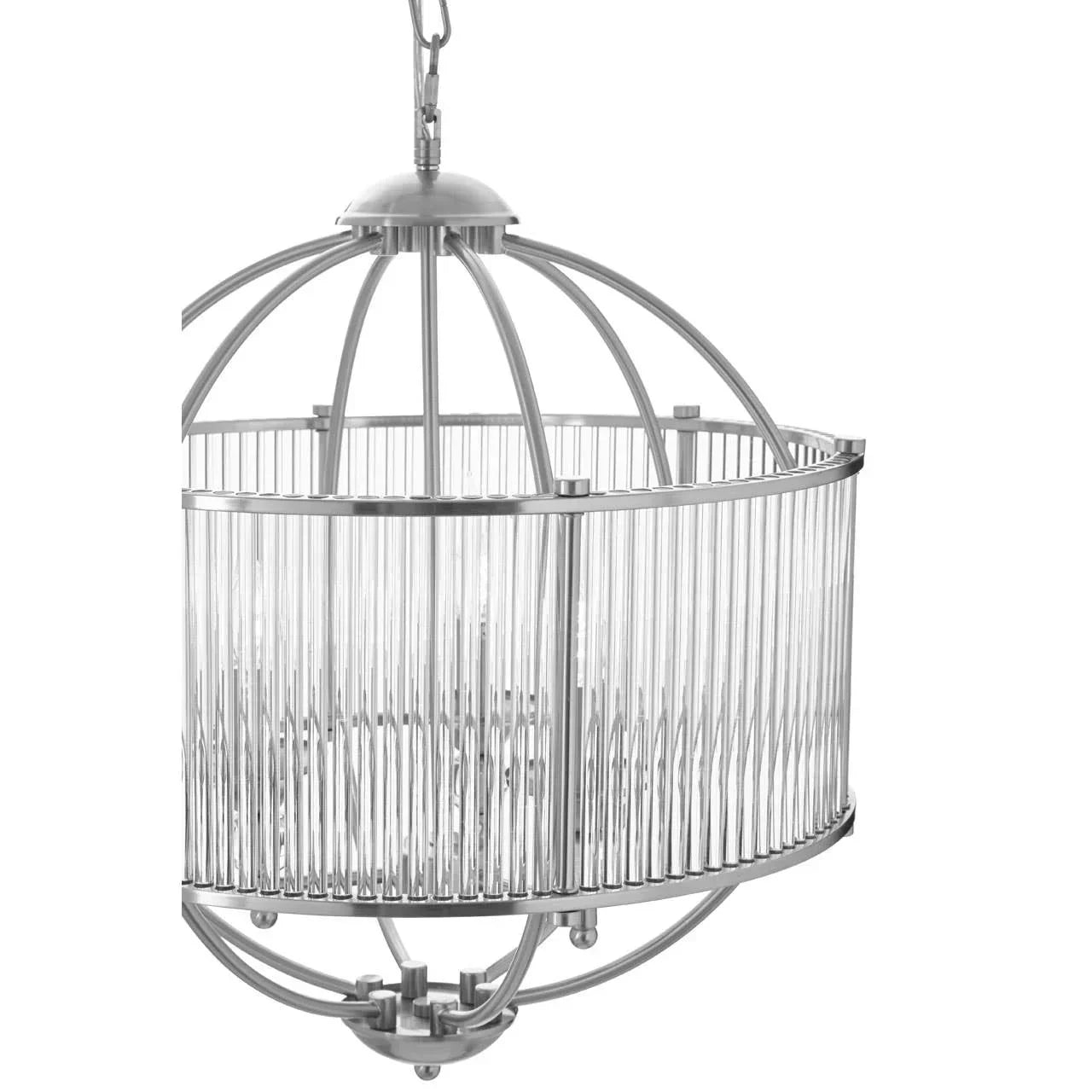 Modern chrome pendant light with vertical glass rods and curved metal frame