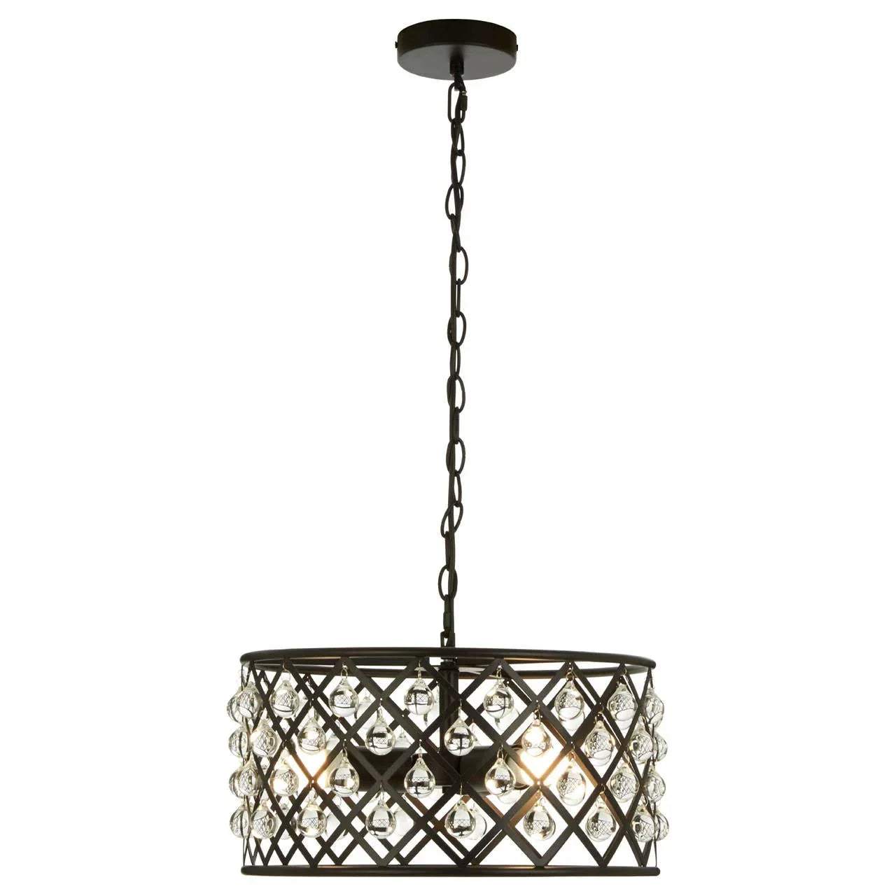 Black metal chandelier with crystal accents and chain ceiling mount