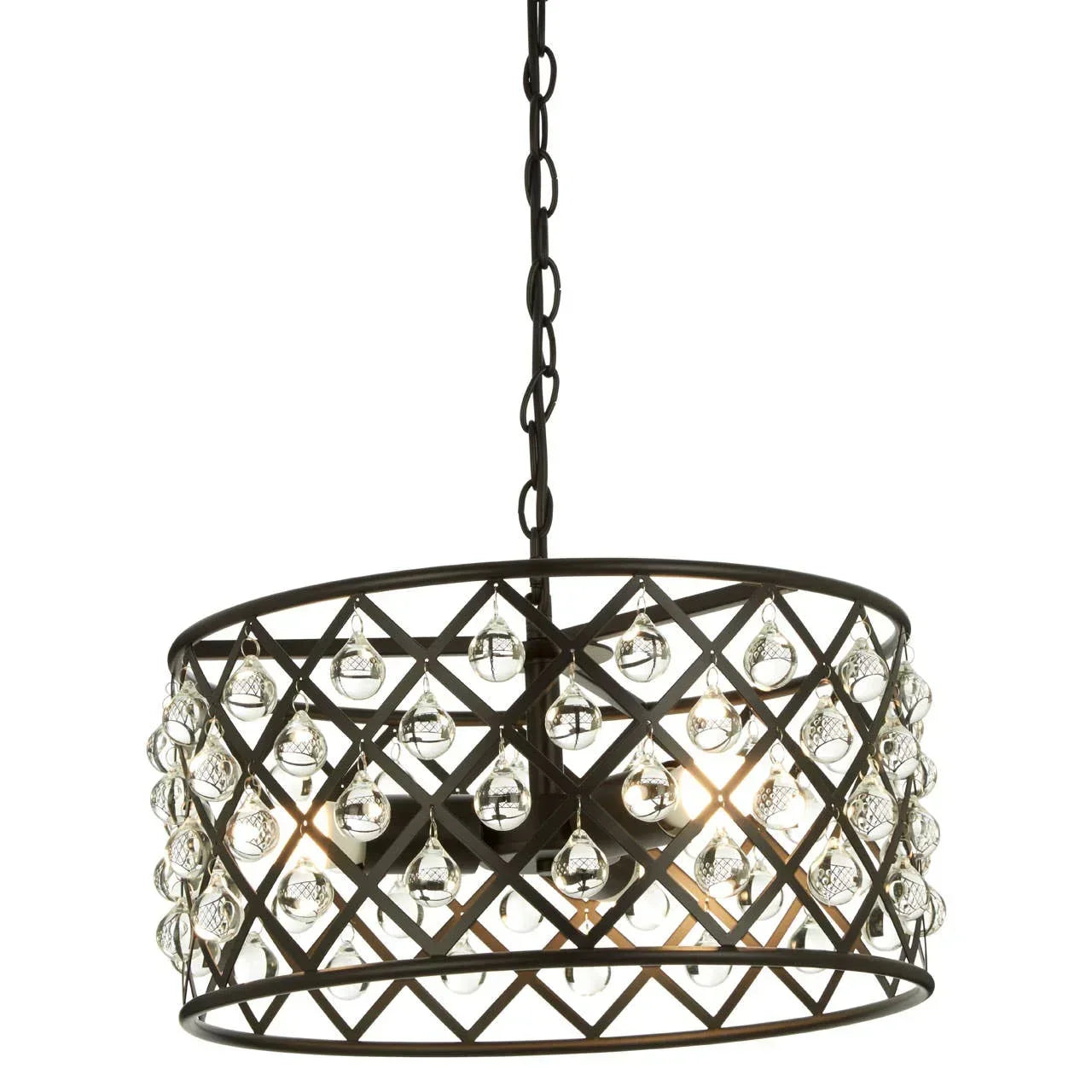 Black metal drum chandelier with glass crystal drops and lattice pattern frame