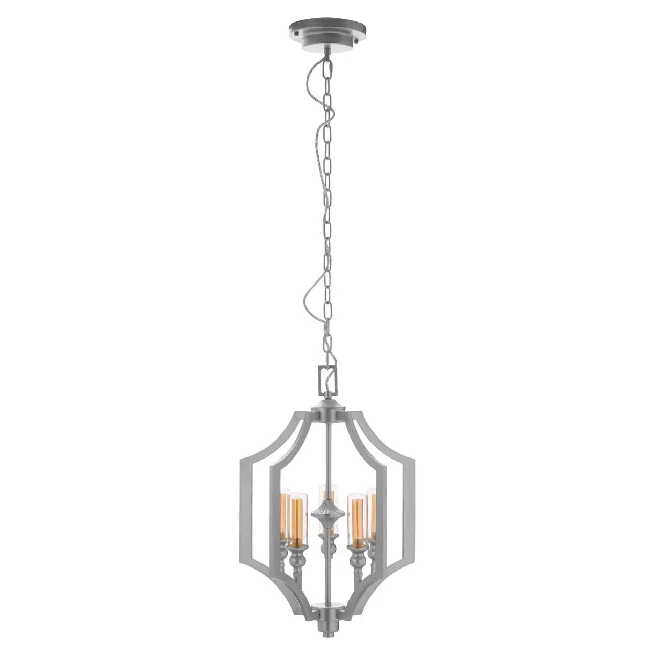 Modern metal pendant light with candelabra bulbs and geometric frame hanging from chain