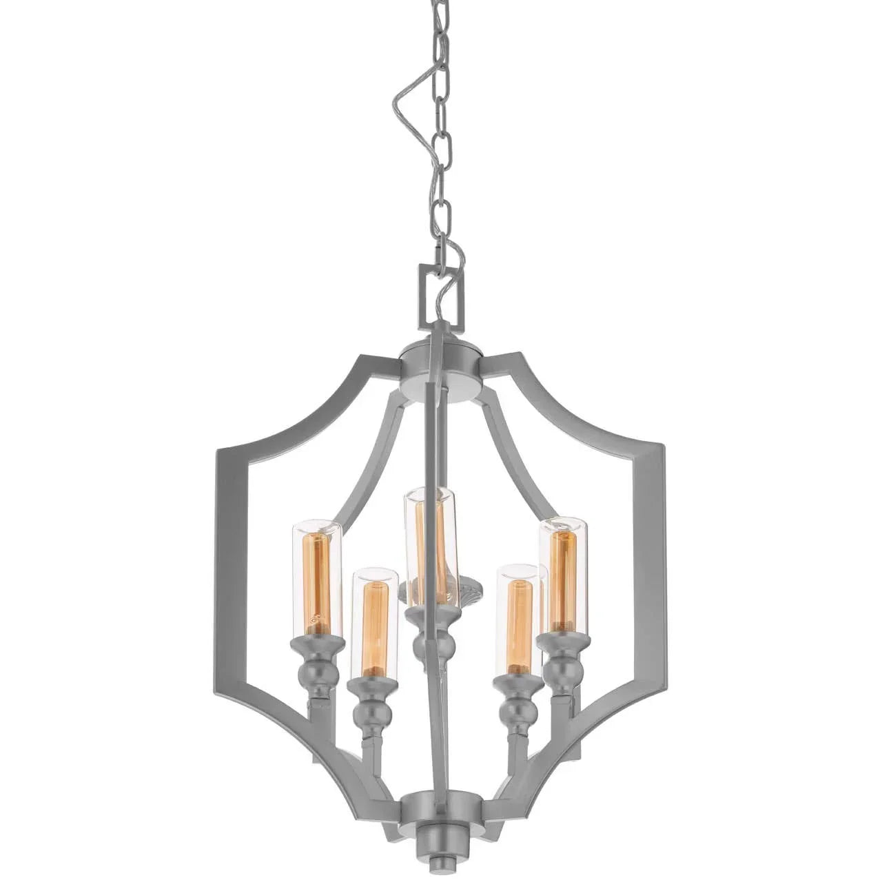 Modern metal chandelier with glass candle bulb covers and geometric open frame design