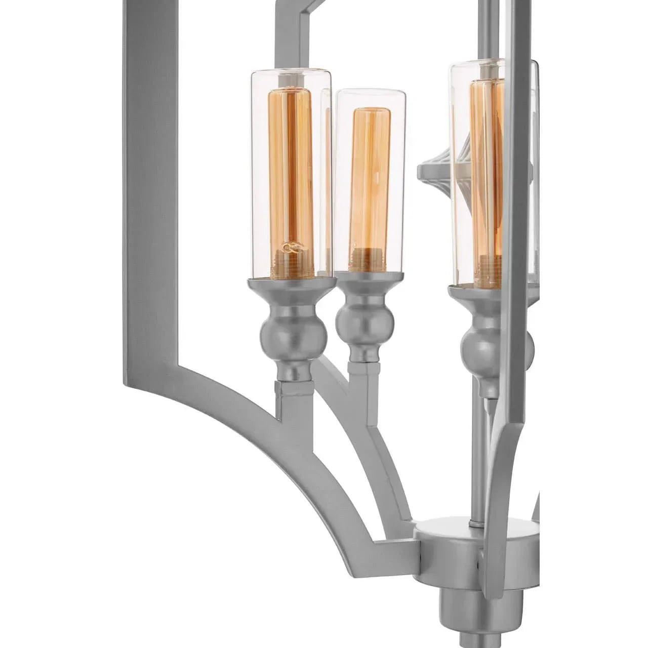 Silver metal chandelier with three glass candle-style bulbs, modern geometric design