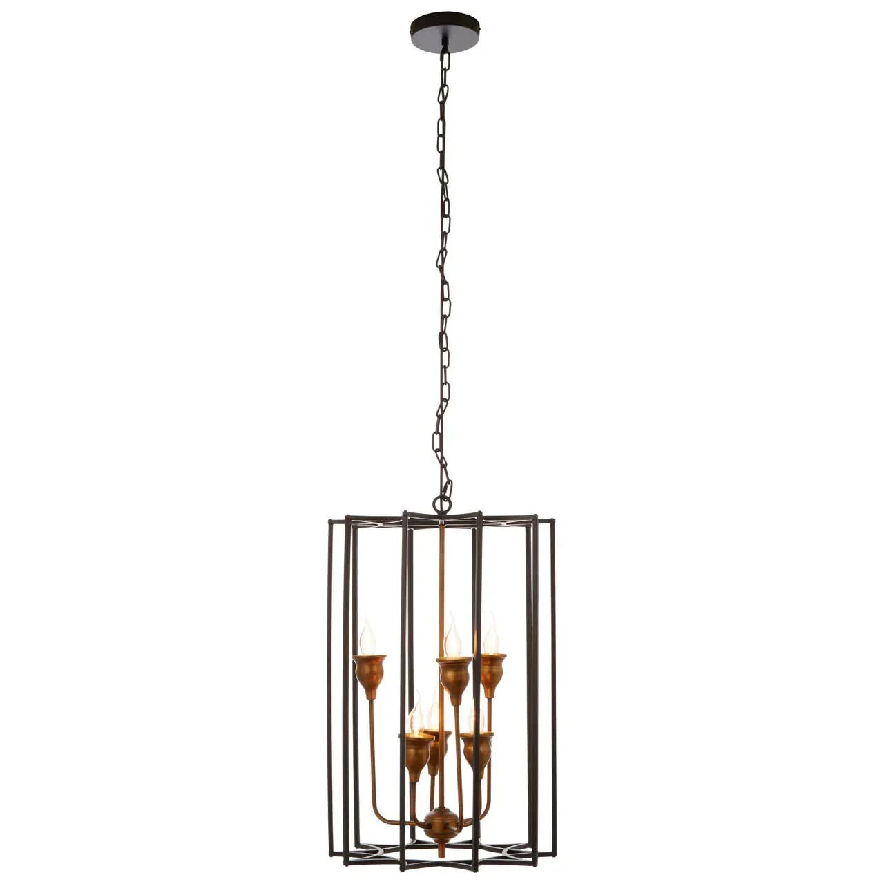 Bronze metal pendant light with open rectangular frame and candle-style bulbs