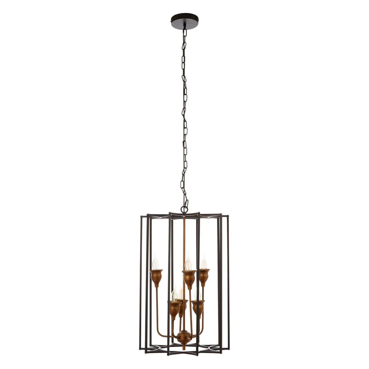 Bronze metal pendant light with six candle bulbs in a rectangular frame, chain mount