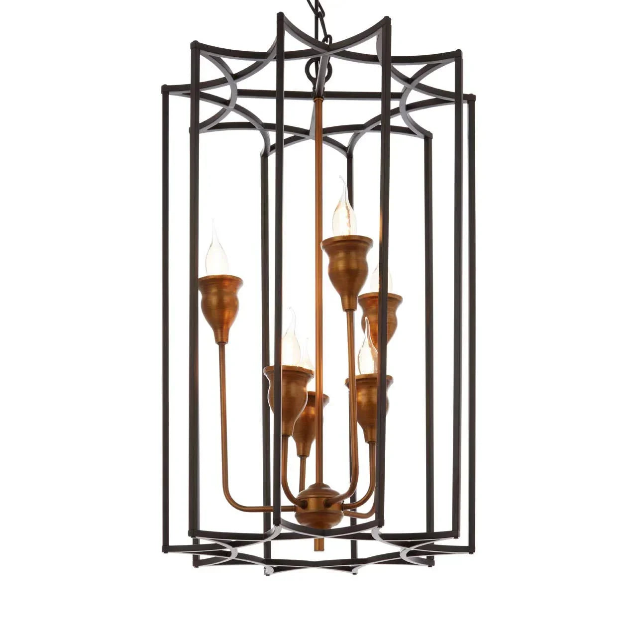 Bronze chandelier with black geometric metal frame and five candle-style lamp holders